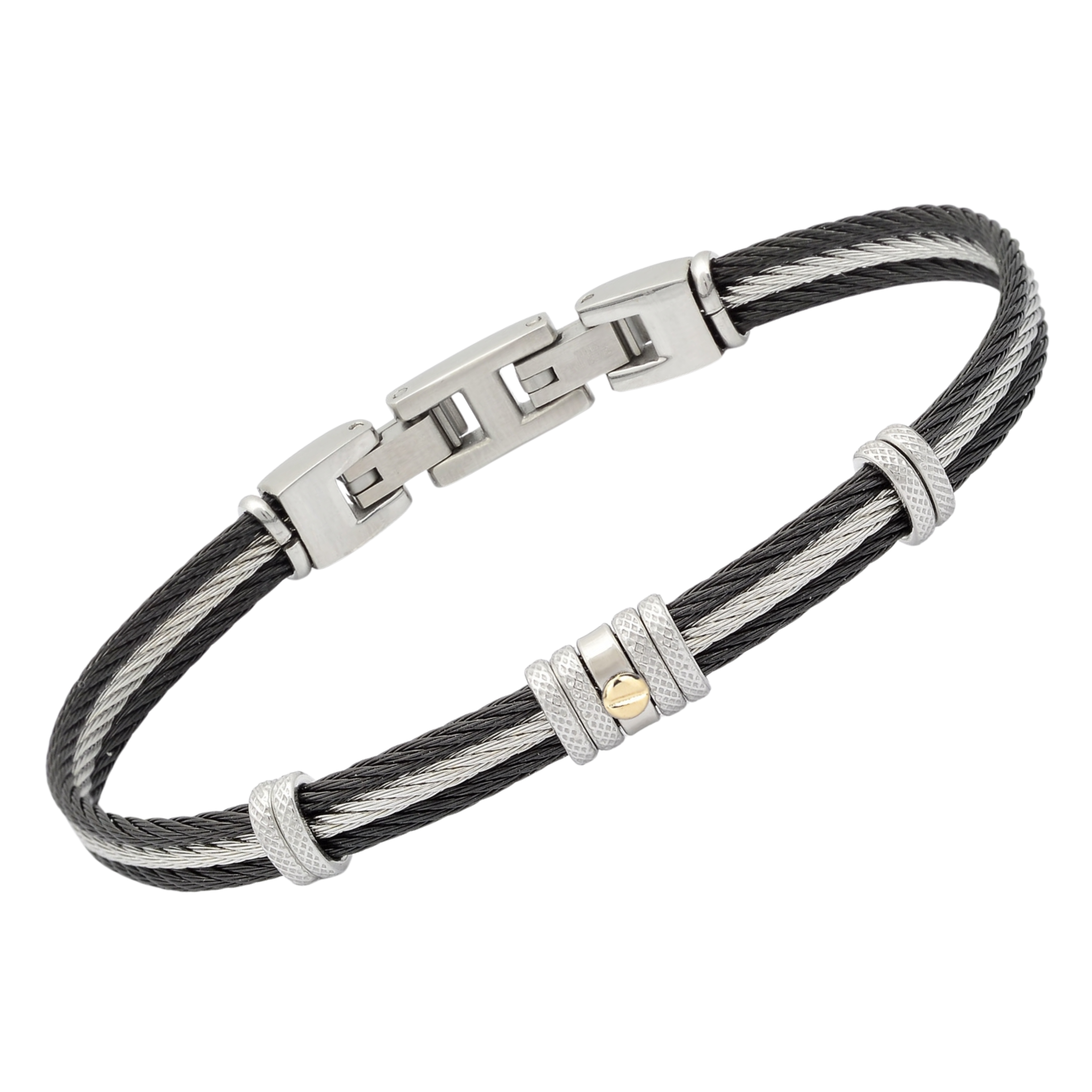 Bracciale cavetto in acciaio silver/nero PVD con vite centrale in oro 18kt (gr 0.03)