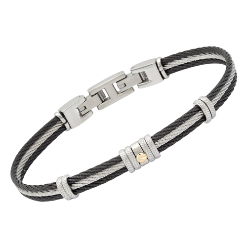 Bracciale cavetto in acciaio silver/nero PVD con vite centrale in oro 18kt (gr 0.03)
