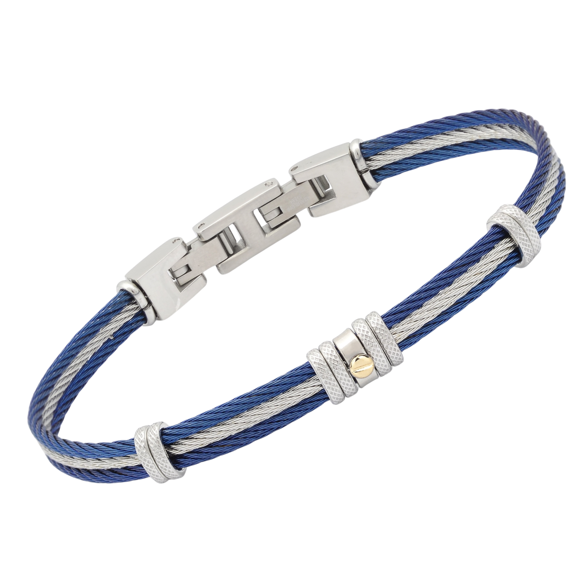 Bracciale cavetto in acciaio silver/blu PVD con vite centrale in oro 18kt (gr 0.03)