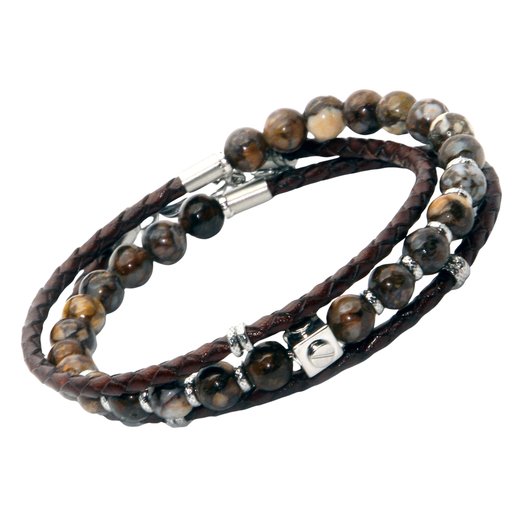 Bracciale in acciaio con pietre Diaspro e filo cuoio marrone doppio giro