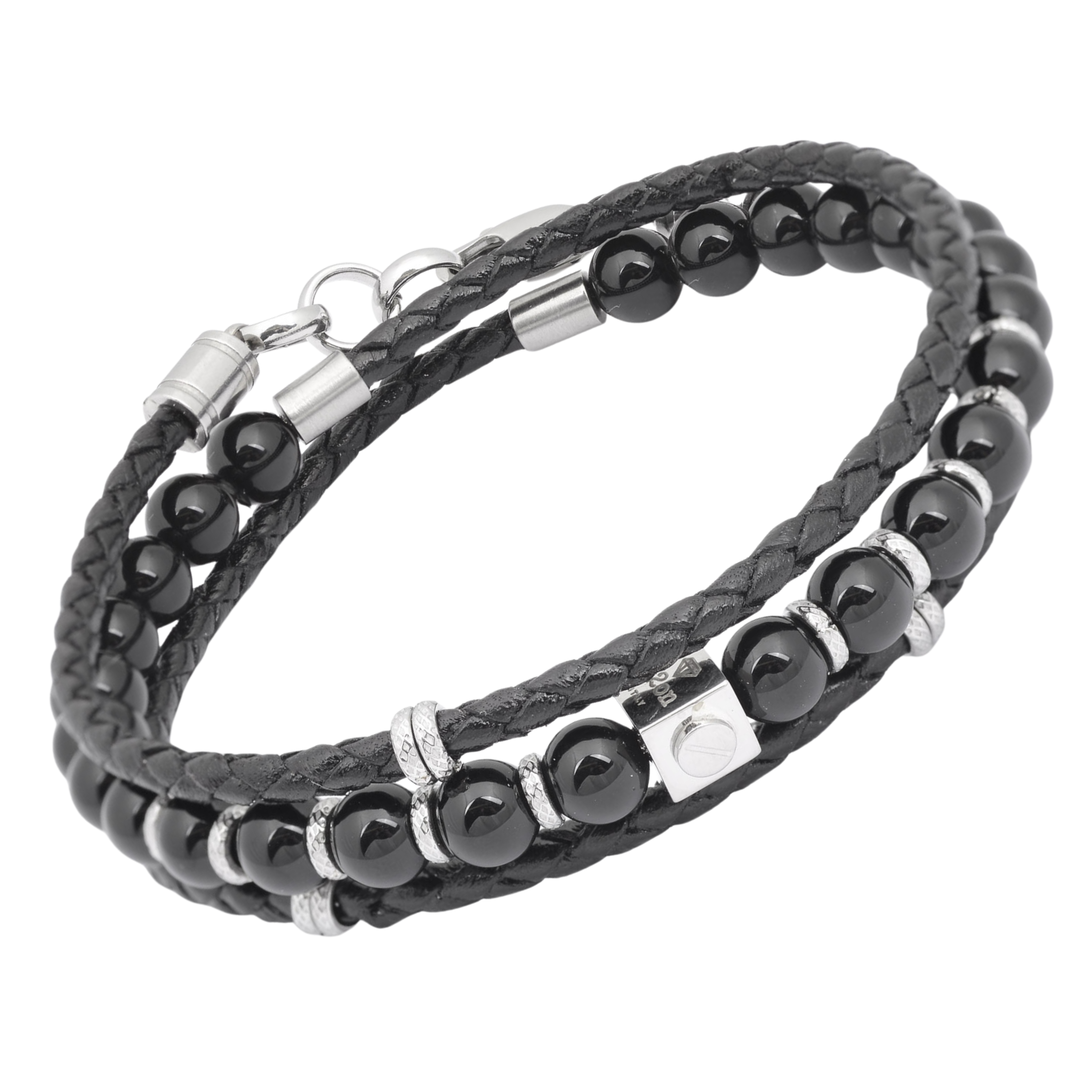 Bracciale in acciaio con pietre Onice e filo cuoio nero doppio giro