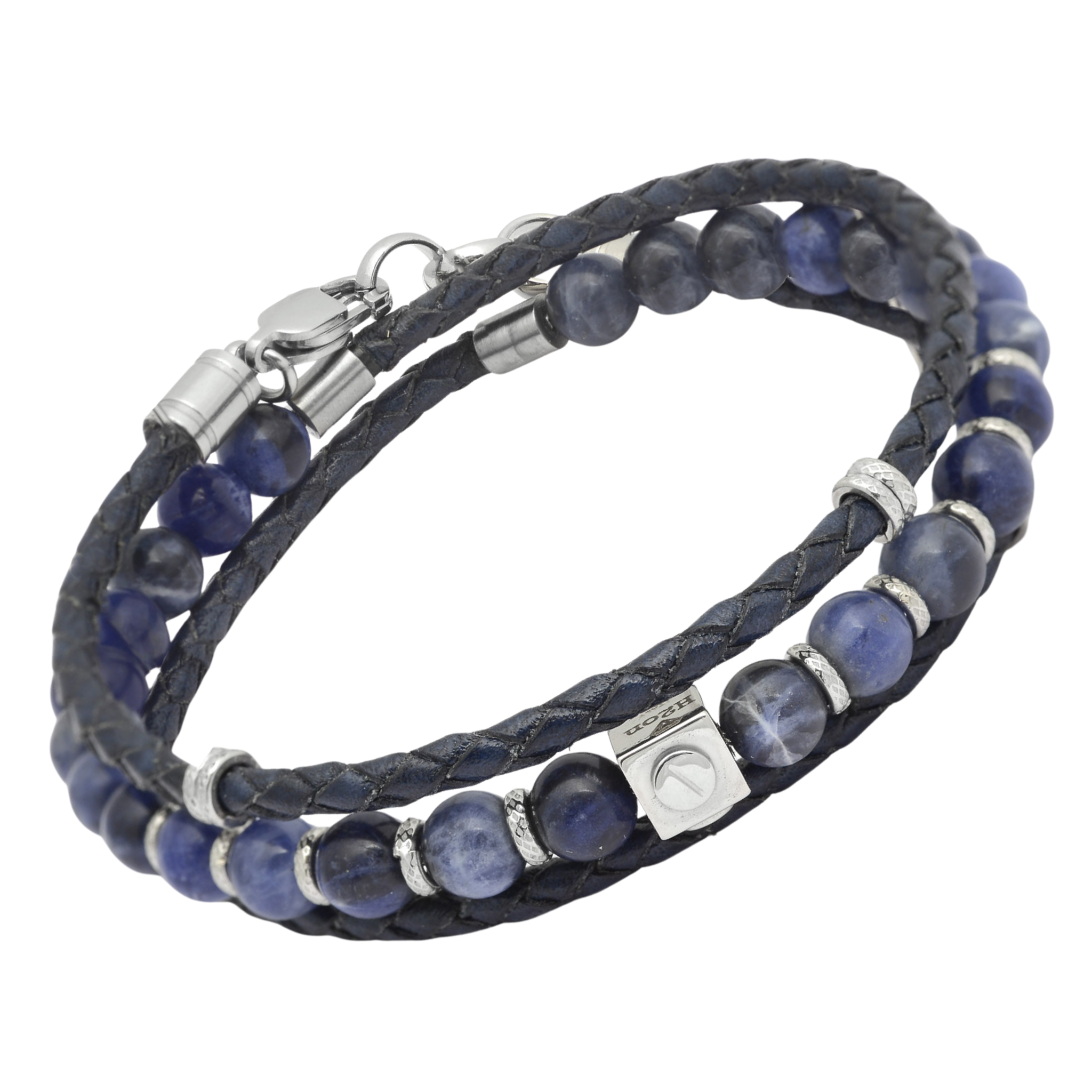 Bracciale in acciaio con pietre Sodalite e filo cuoio blu doppio giro