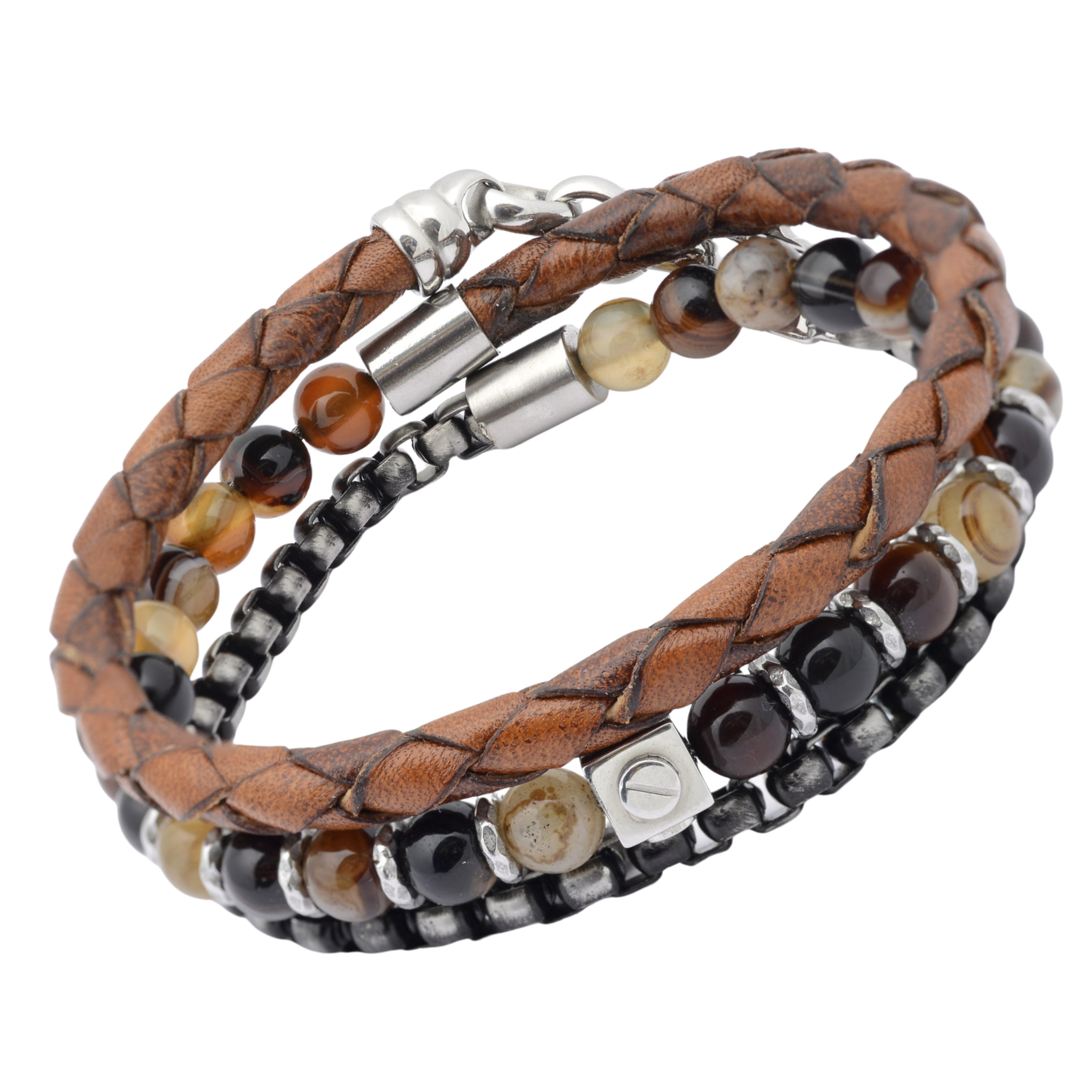 Bracciale in acciaio con pietre naturali in Agata Brown e cuoio intrecciato marrone