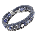 Bracciale in acciaio con pietre naturali in Sodalite e cuoio intrecciato blu