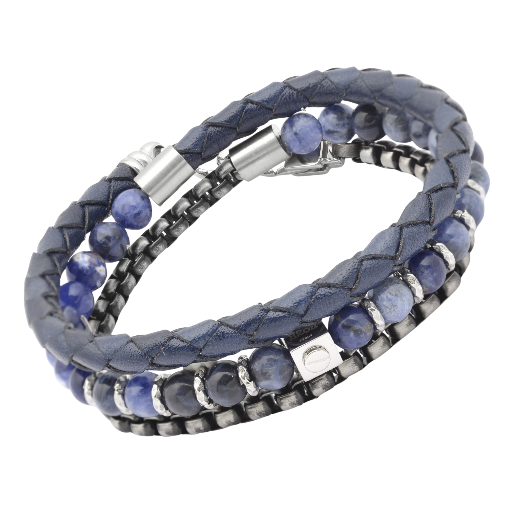 Bracciale in acciaio con pietre naturali in Sodalite e cuoio intrecciato blu