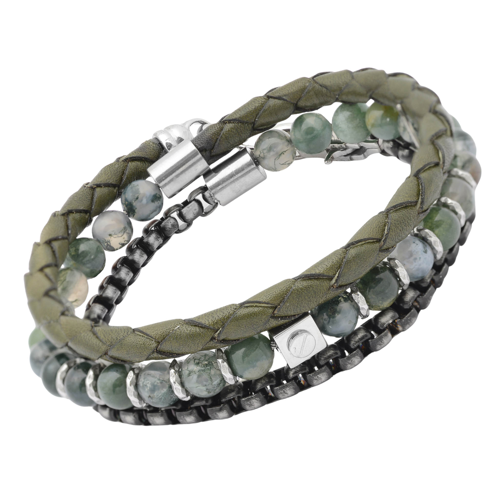 Bracciale in acciaio con pietre naturali in Agata Muschiata e cuoio intrecciato verde