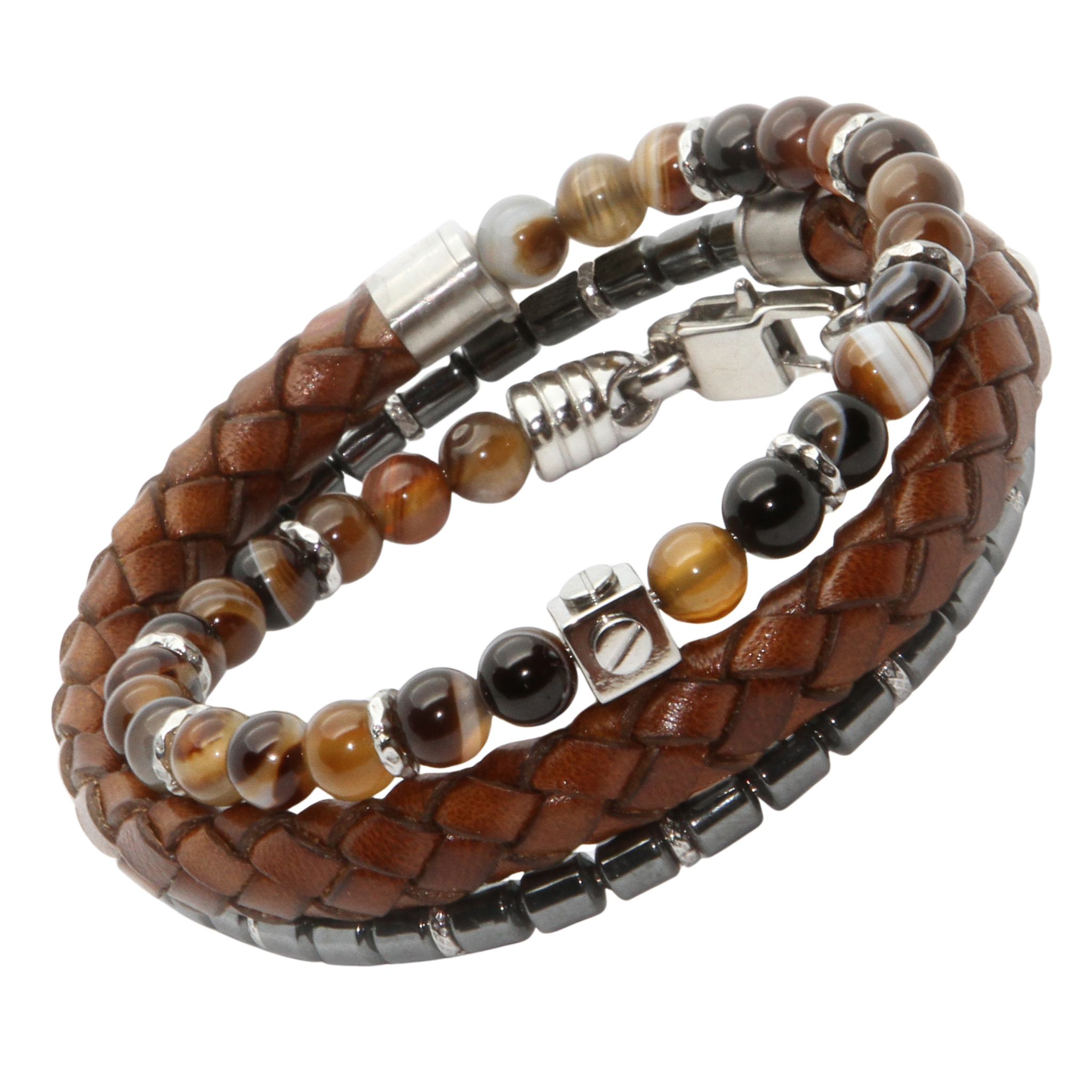 Bracciale in acciaio con pietre Agata Brown ed Ematite e cuoio marrone intrecciato