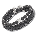 Bracciale in acciaio con pietre Lavica ed Ematite e cuoio nero intrecciato