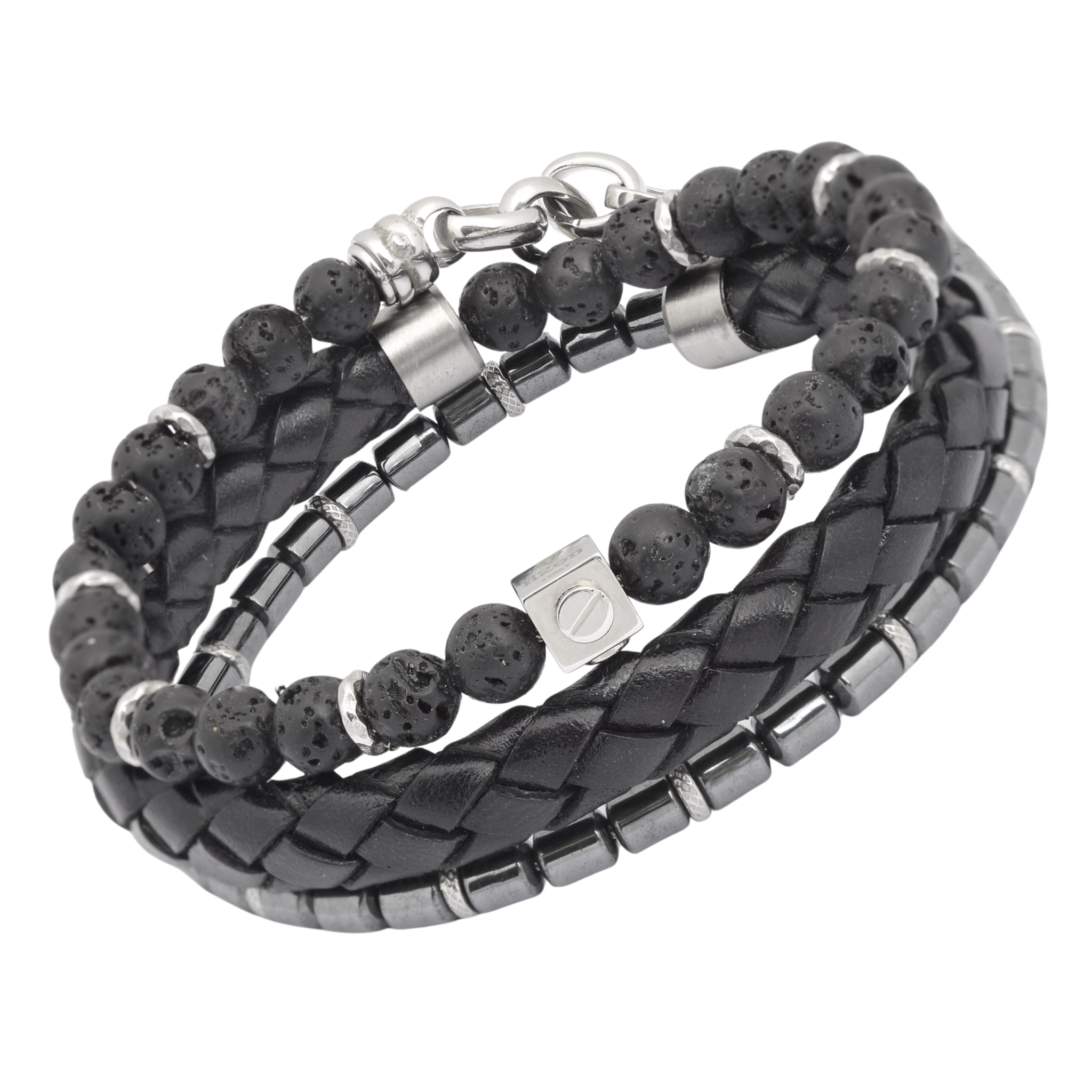 Bracciale in acciaio con pietre Lavica ed Ematite e cuoio nero intrecciato