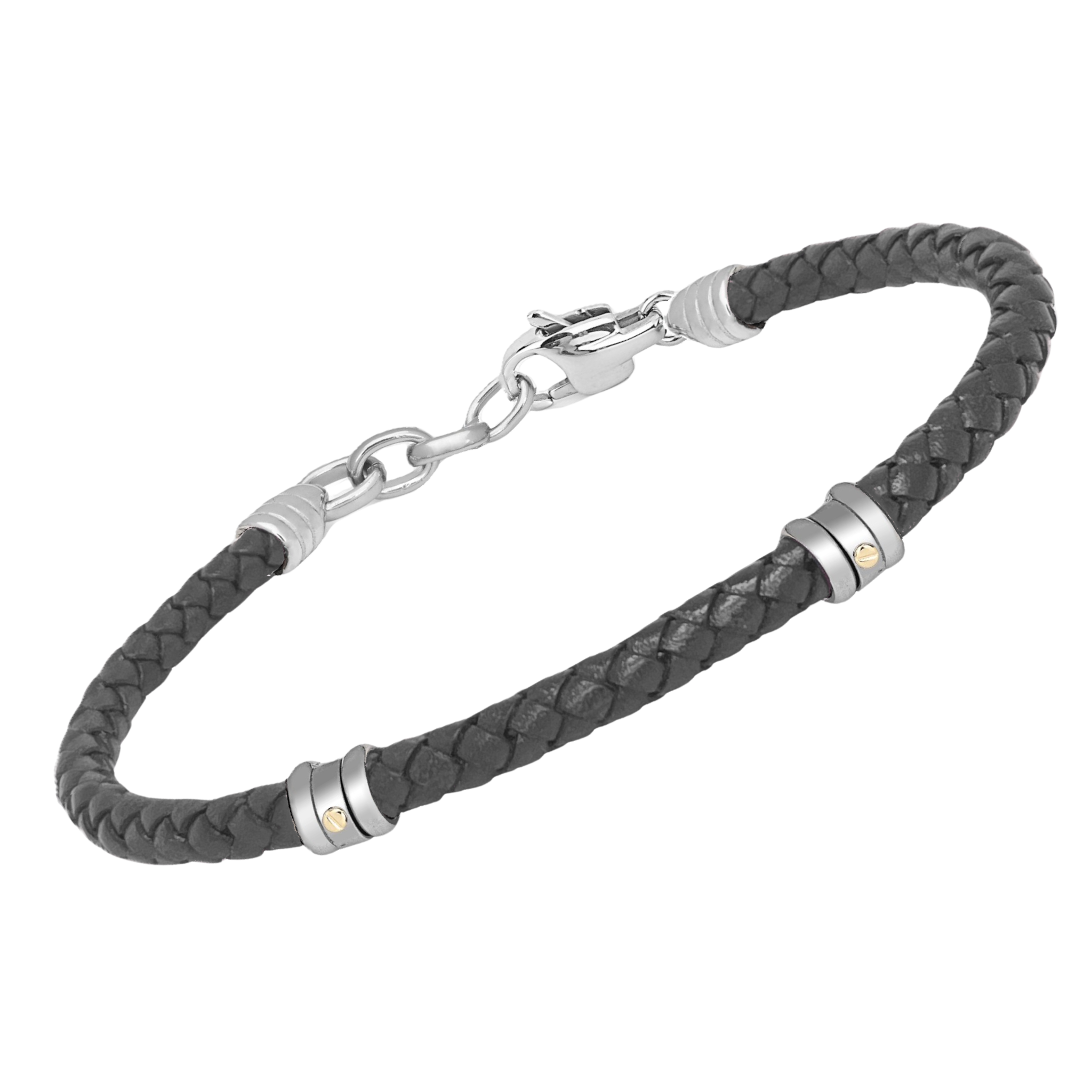 Bracciale in acciaio e cuoio intrecciato nero con viti in oro 18 Kt (gr 0.04)