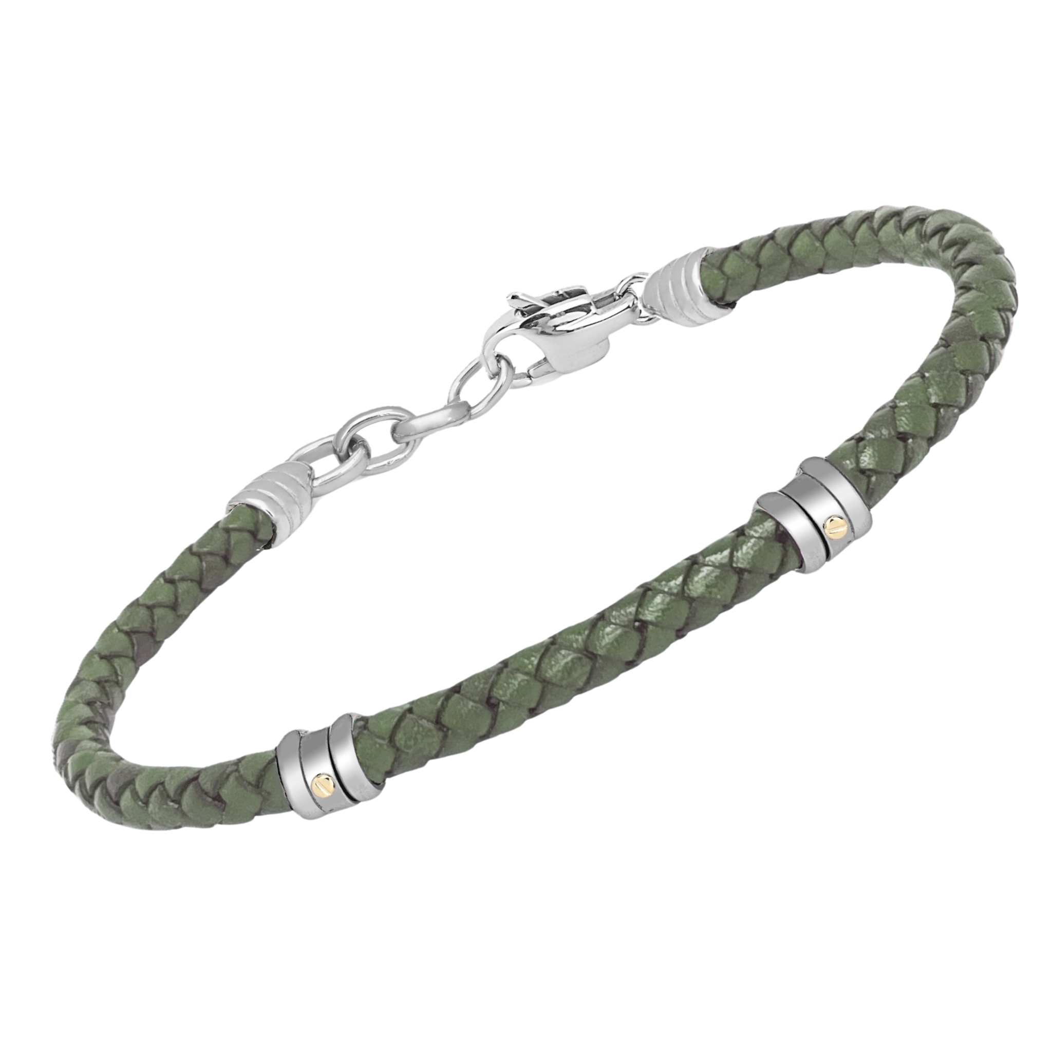 Bracciale in acciaio e cuoio intrecciato verde con viti in oro 18 Kt (gr 0.04)