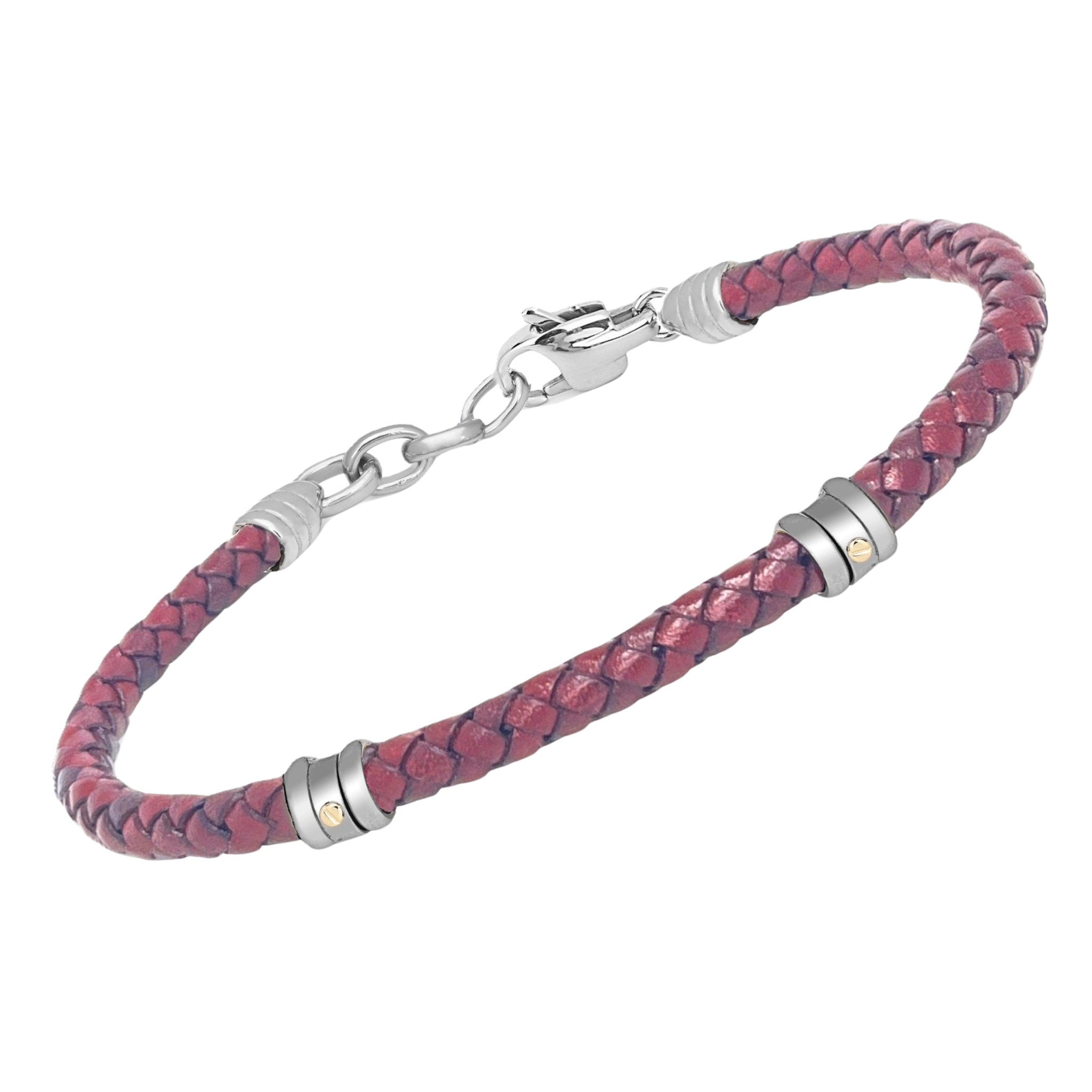 Bracciale in acciaio e cuoio intrecciato rosso con viti in oro 18 Kt (gr 0.04)