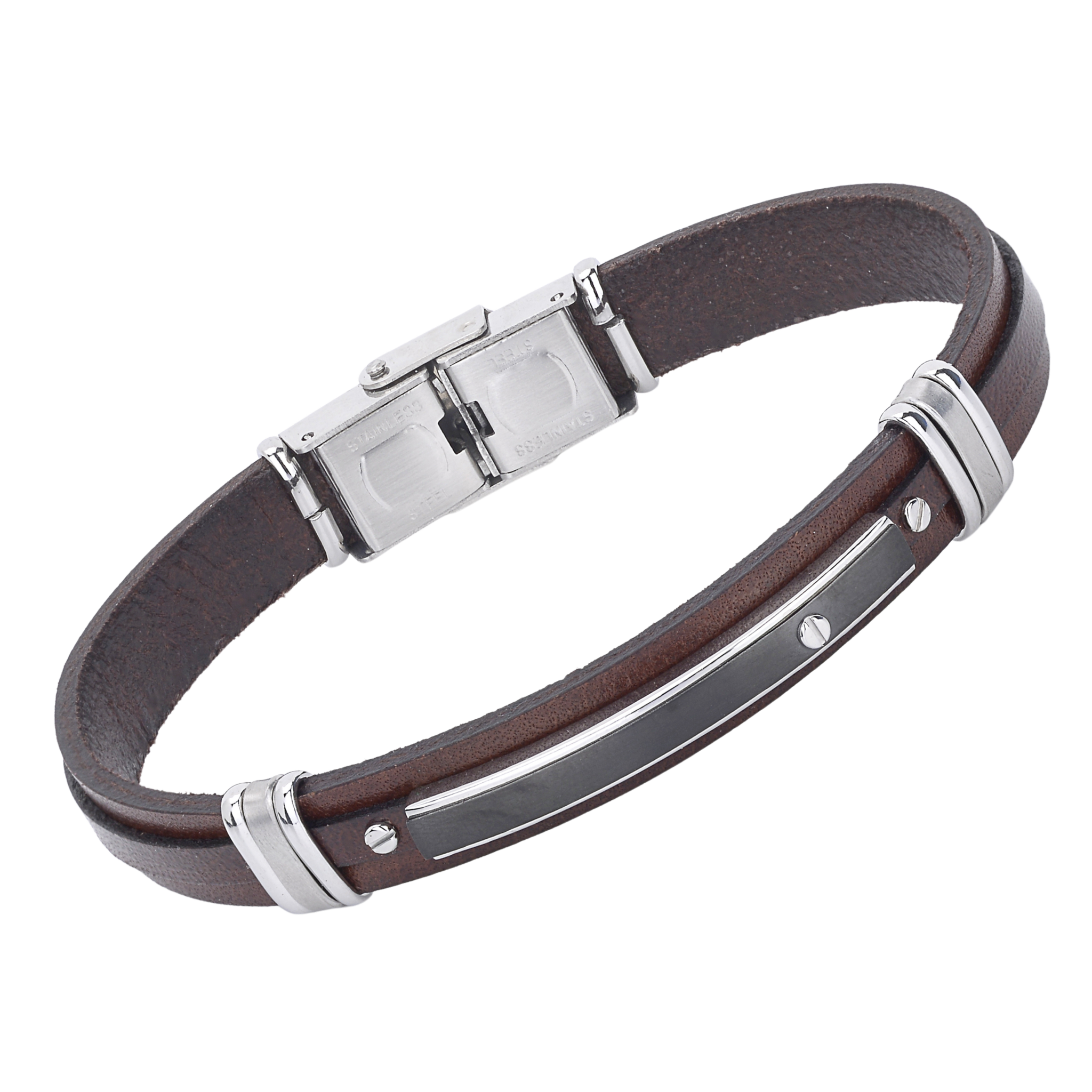 Bracciale in acciaio e cuoio marrone con targa in PVD