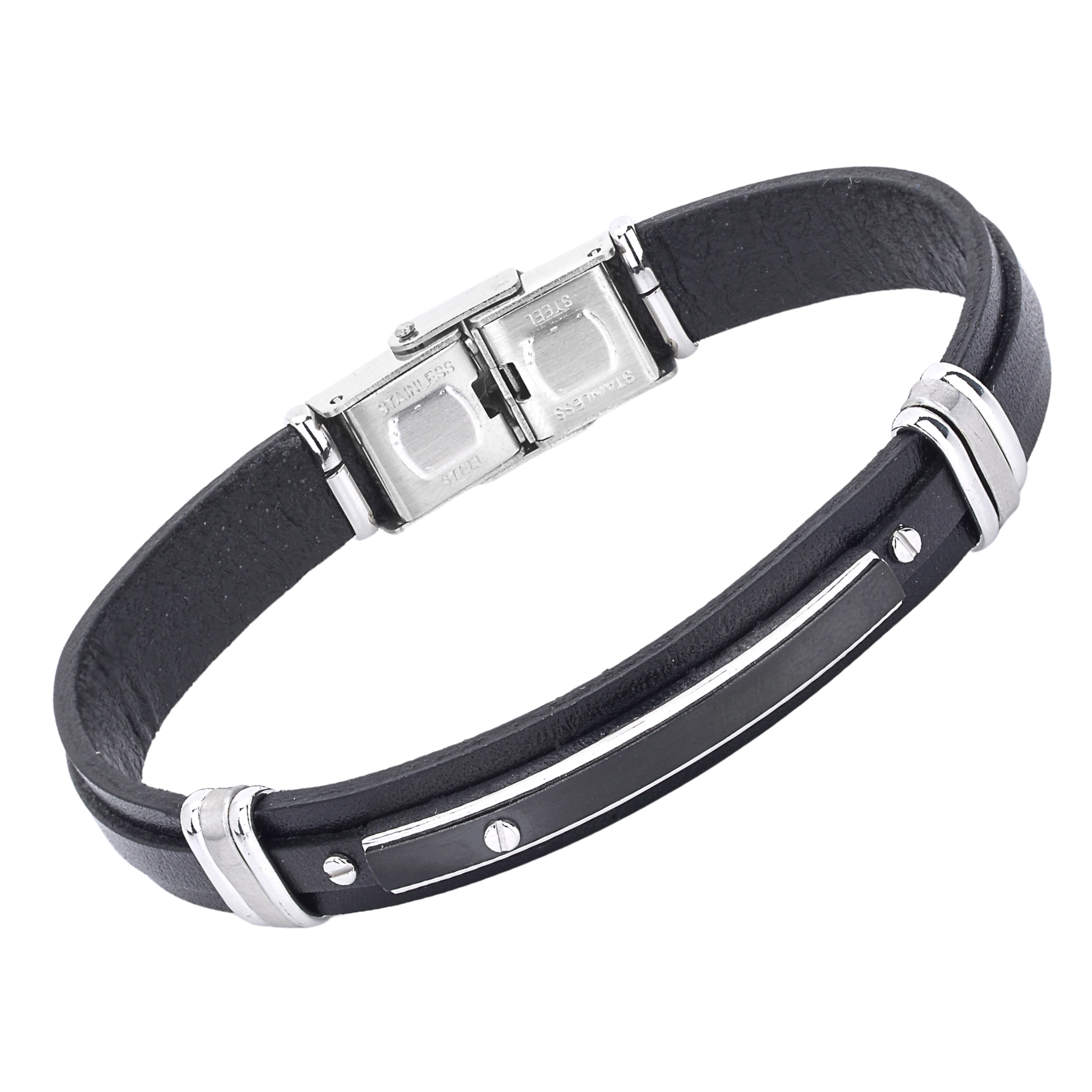 Bracciale in acciaio e cuoio nero con targa in PVD