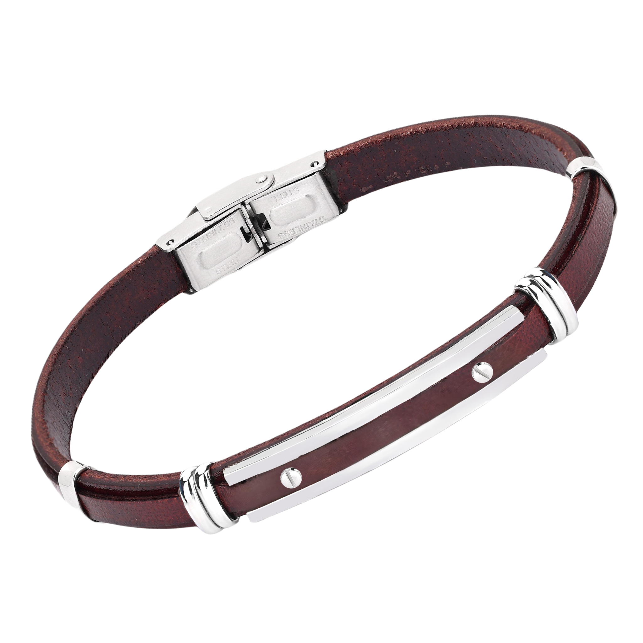 Bracciale in acciaio e cuoio marrone con targa centrale