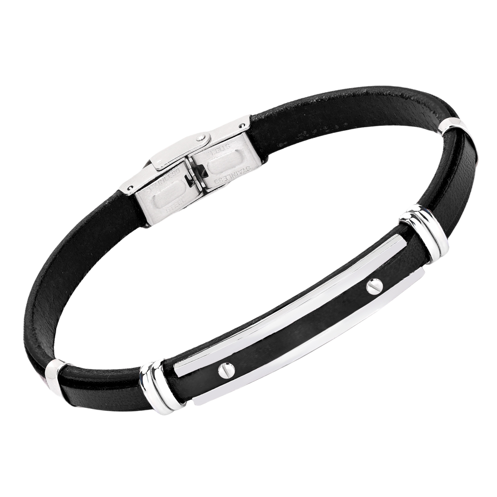 Bracciale in acciaio e cuoio nero con targa centrale