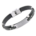 Bracciale in acciaio e cuoio nero con targa in acciaio centrale