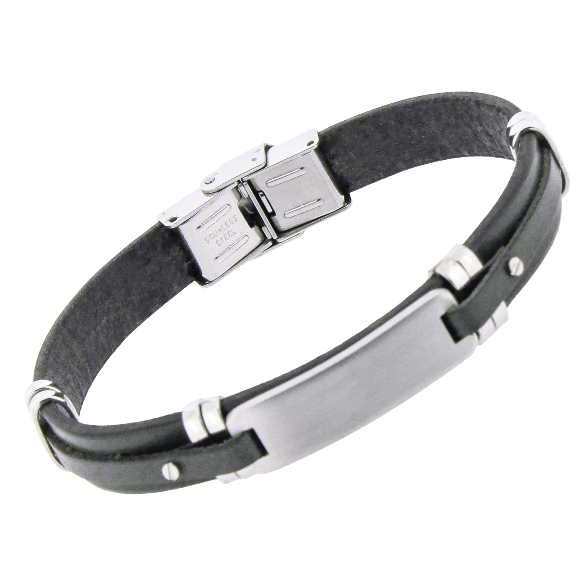 Bracciale in acciaio e cuoio nero con targa in acciaio centrale