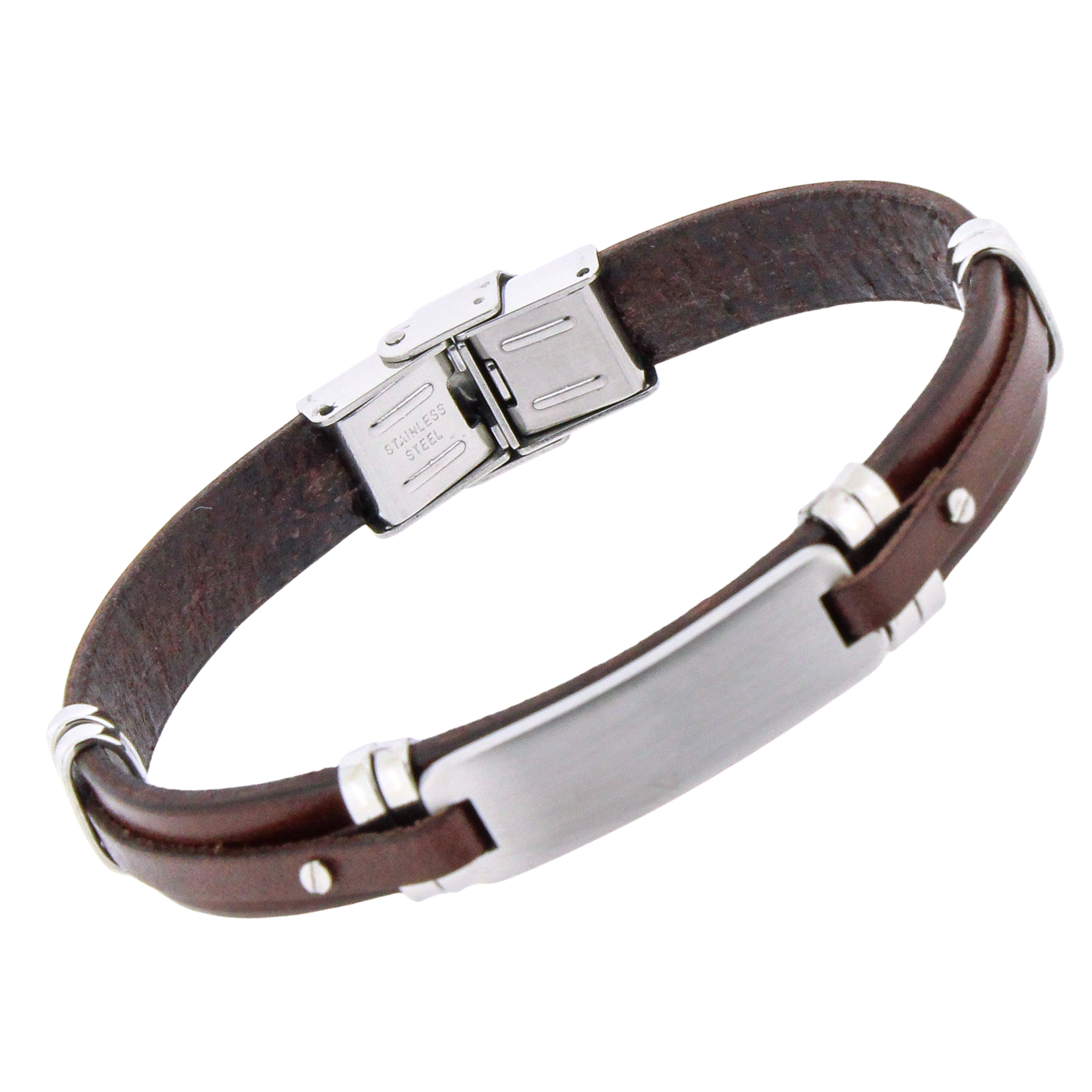 Bracciale in acciaio e cuoio marrone con targa in acciaio centrale