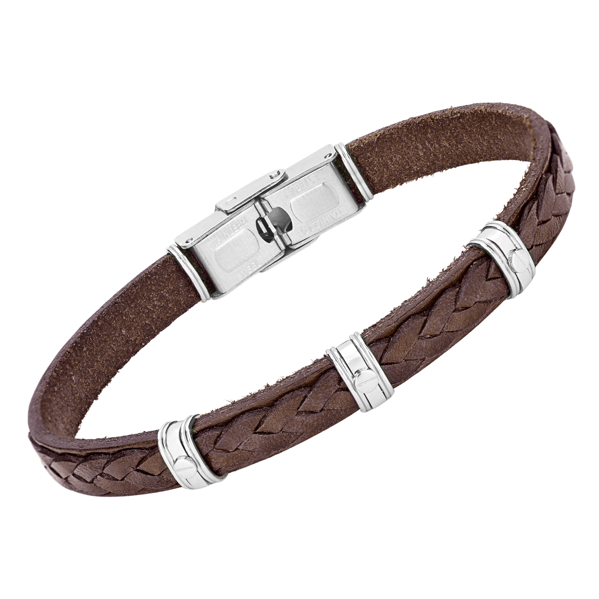 Bracciale in acciaio e cuoio marrone lavorato con semilavorati