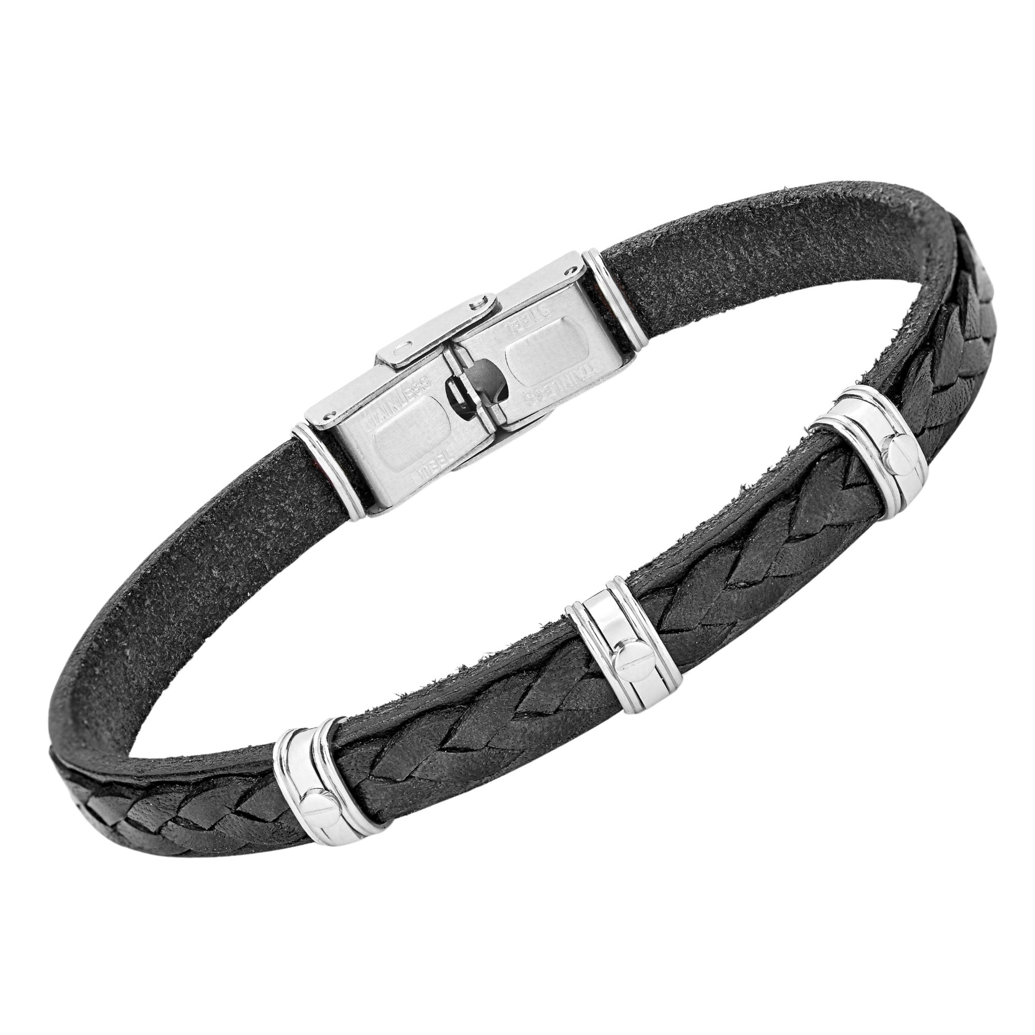 Bracciale in acciaio e cuoio nero lavorato con semilavorati