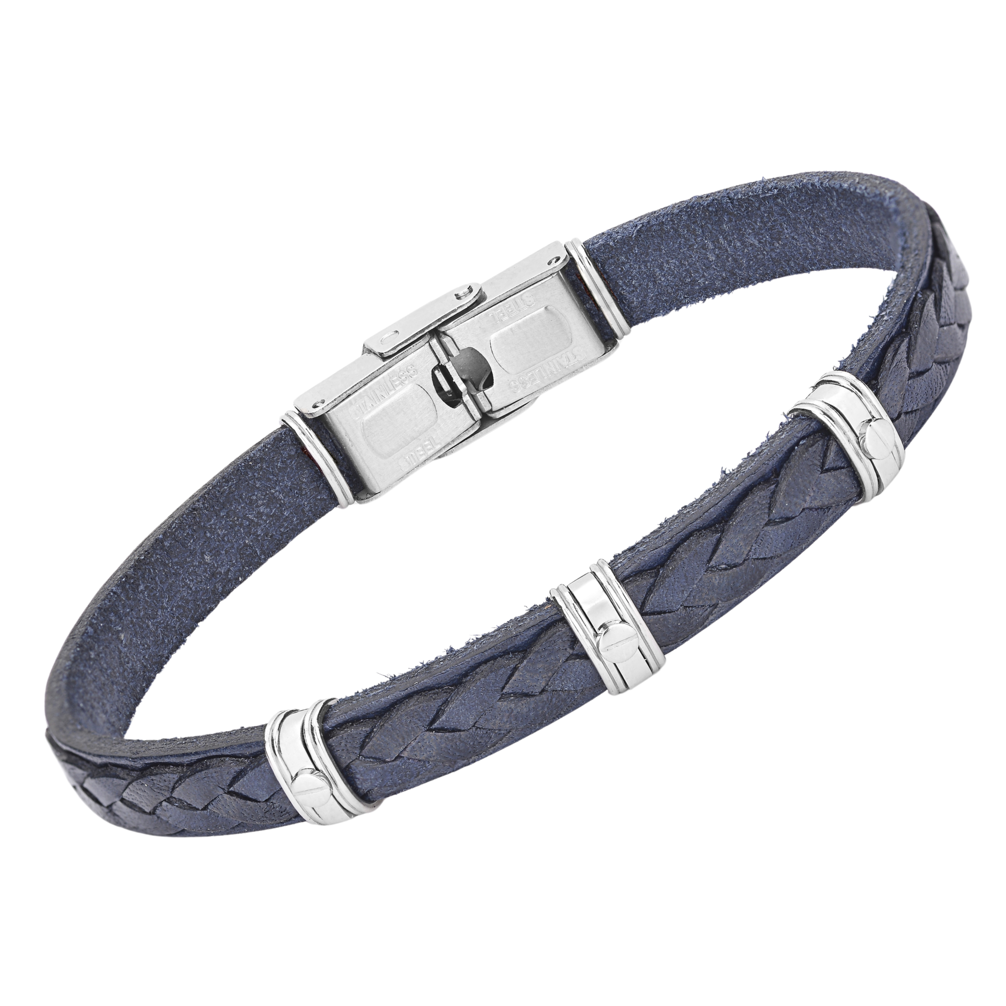Bracciale in acciaio e cuoio blu lavorato con semilavorati