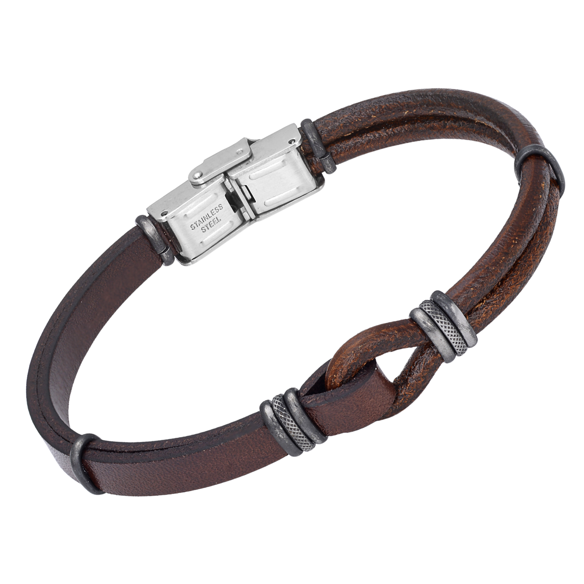Bracciale in acciaio con cuoio marrone e fasce nero vintage