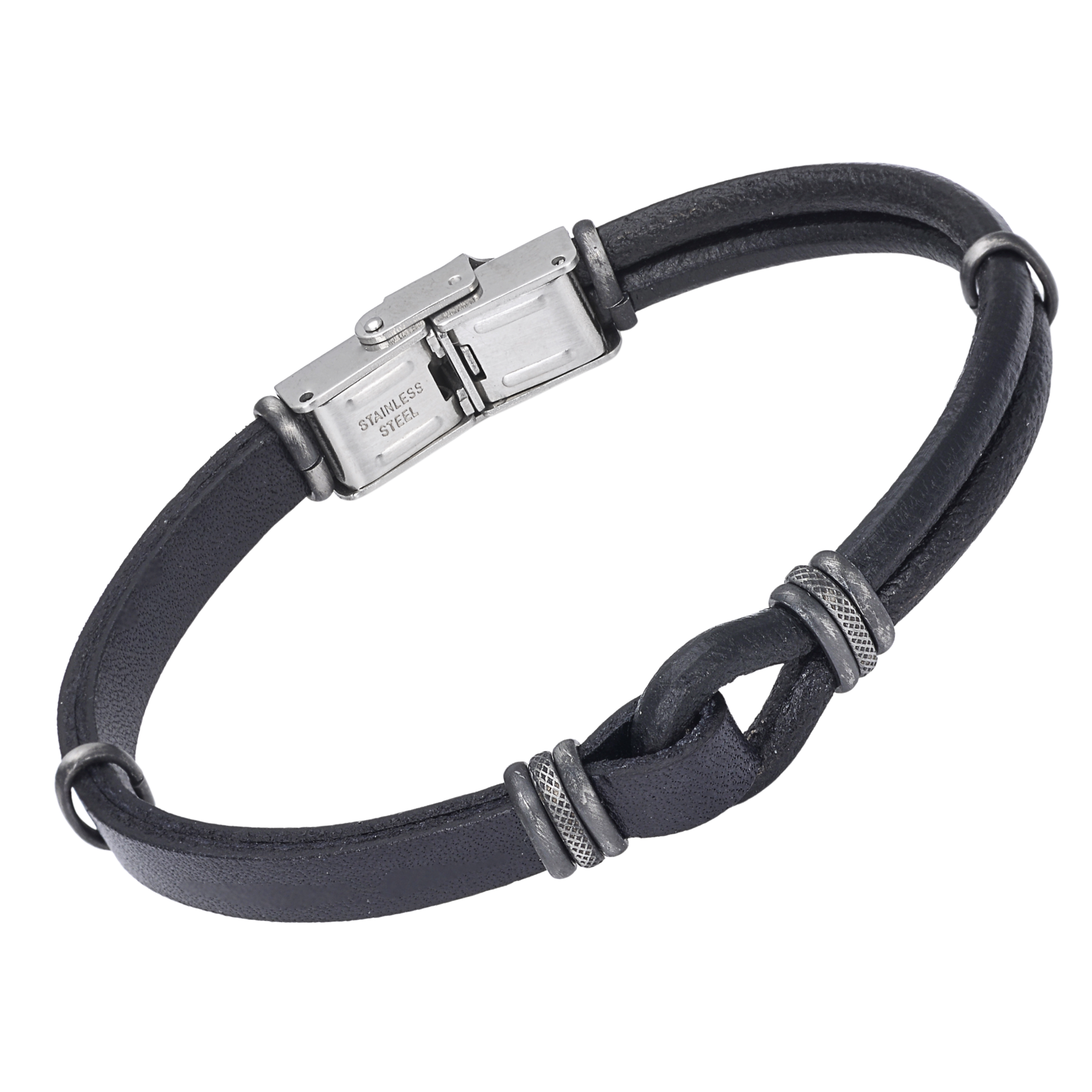 Bracciale in acciaio con cuoio nero e fasce nero vintage