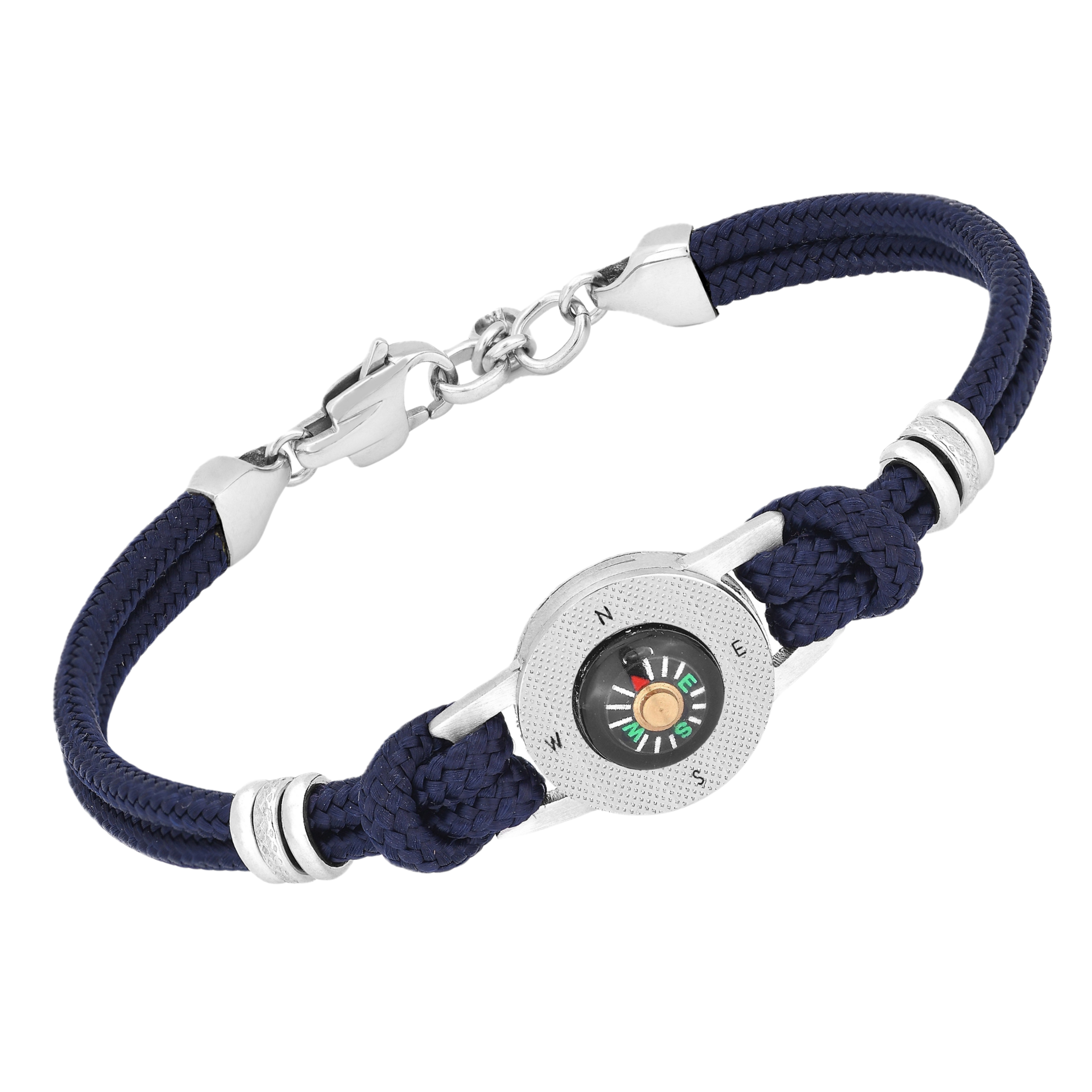Bracciale in acciaio e corda nautica blu con bussola centrale