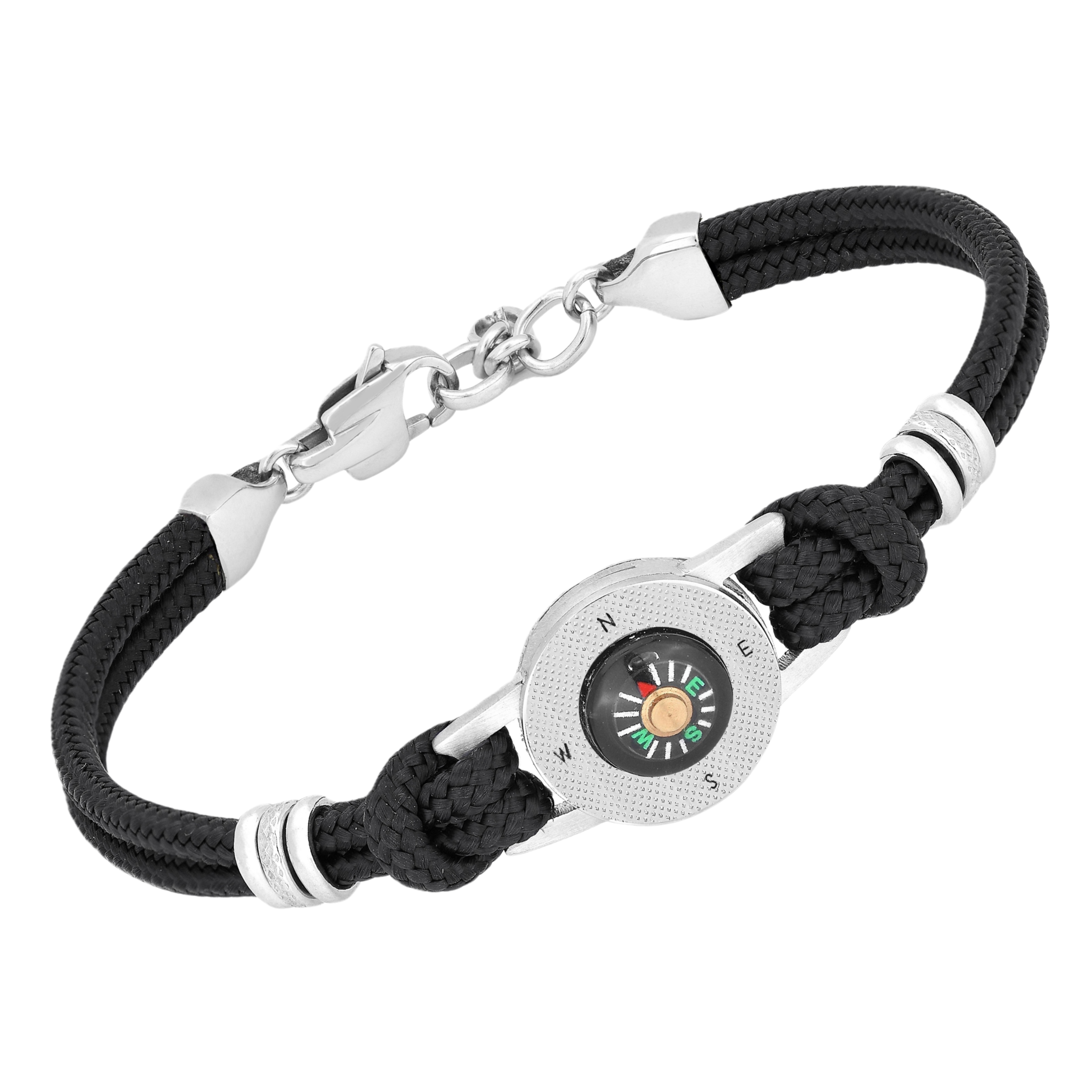Bracciale in acciaio e corda nautica nera con bussola centrale