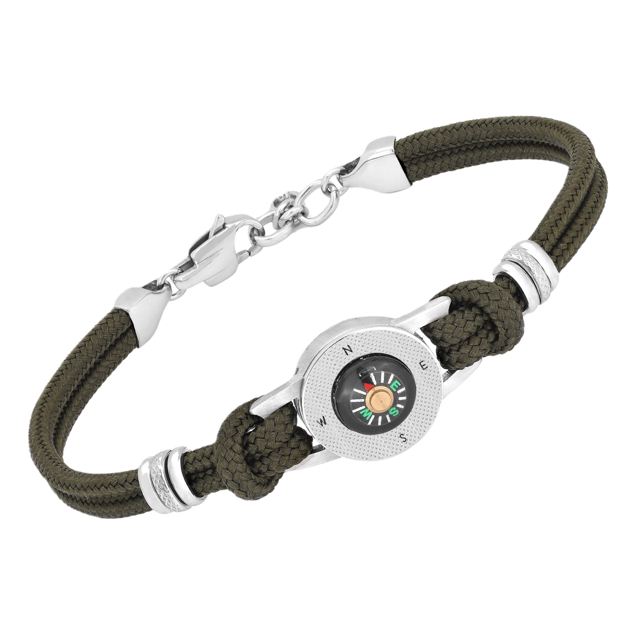 Bracciale in acciaio e corda nautica verde con bussola centrale