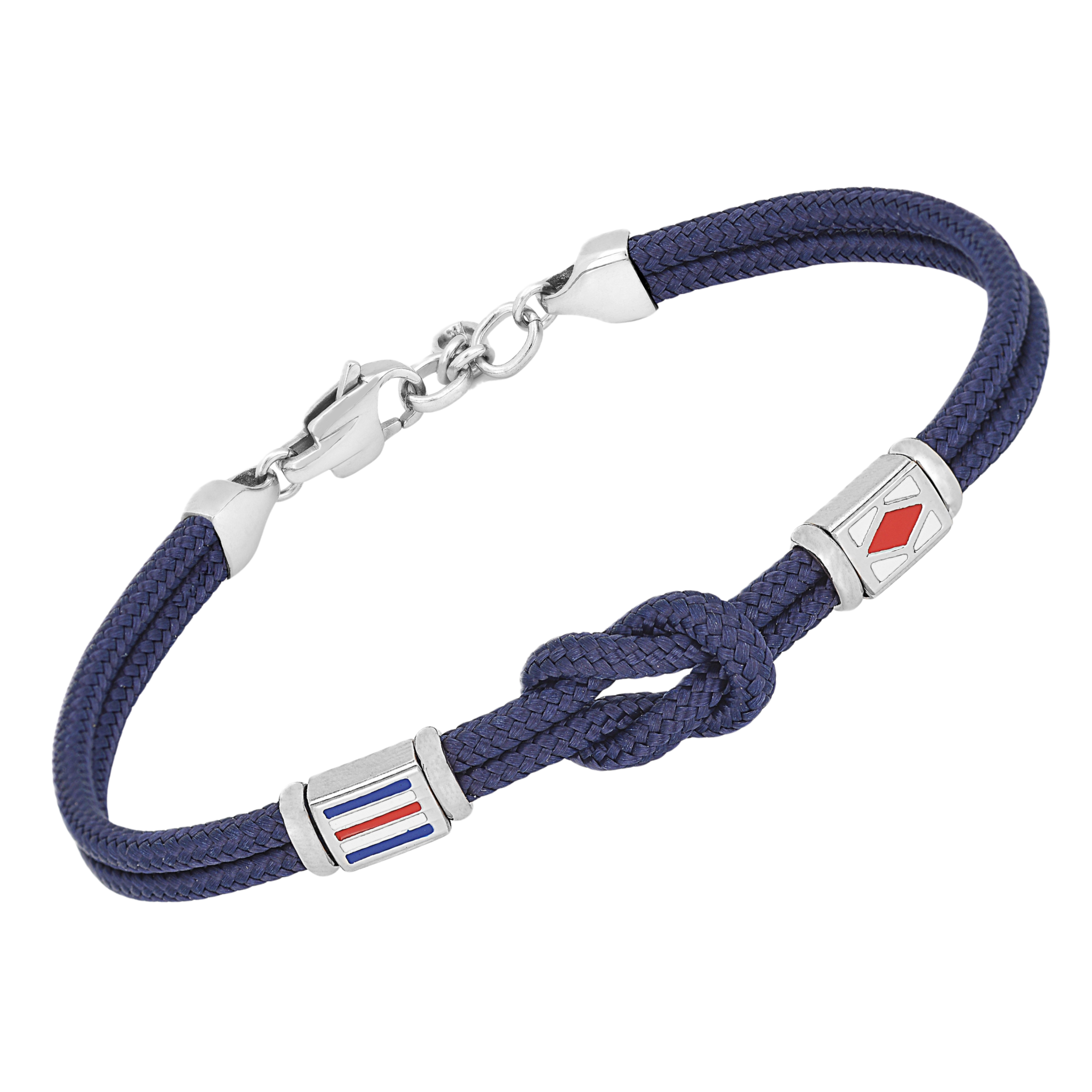 Bracciale in acciaio e corda nautica blu e bandiere smaltate con nodo