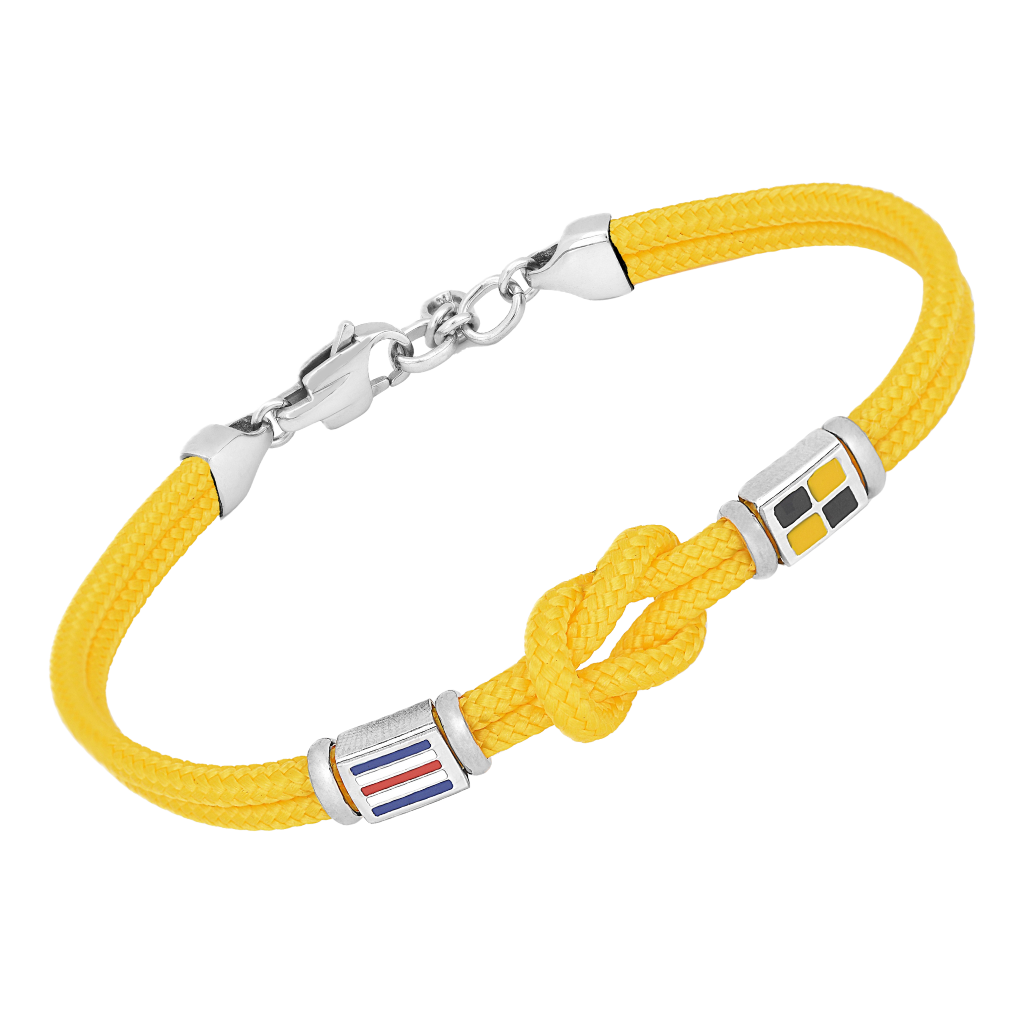 Bracciale in acciaio e corda nautica gialla e bandiere smaltate con nodo