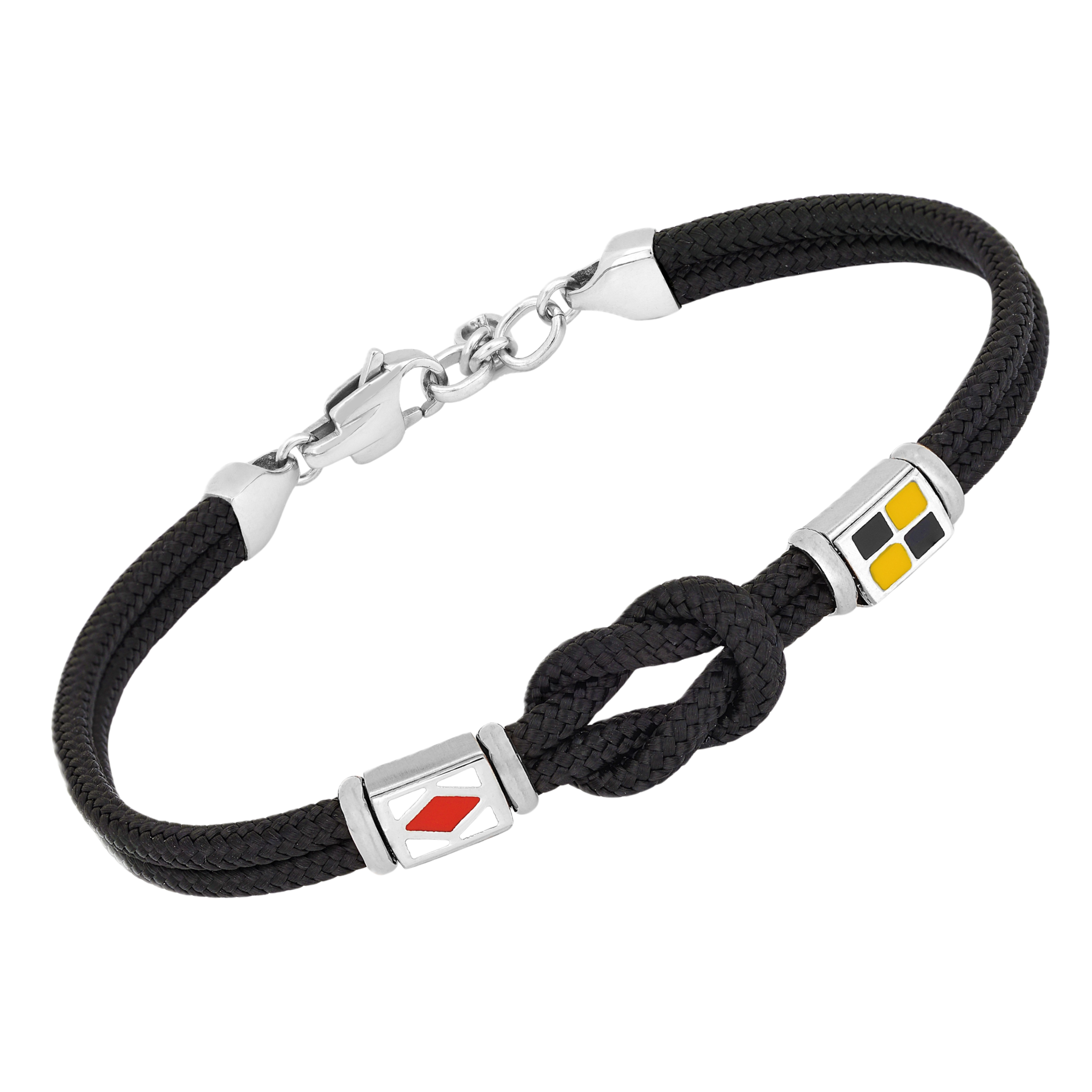 Bracciale in acciaio e corda nautica nera e bandiere smaltate con nodo