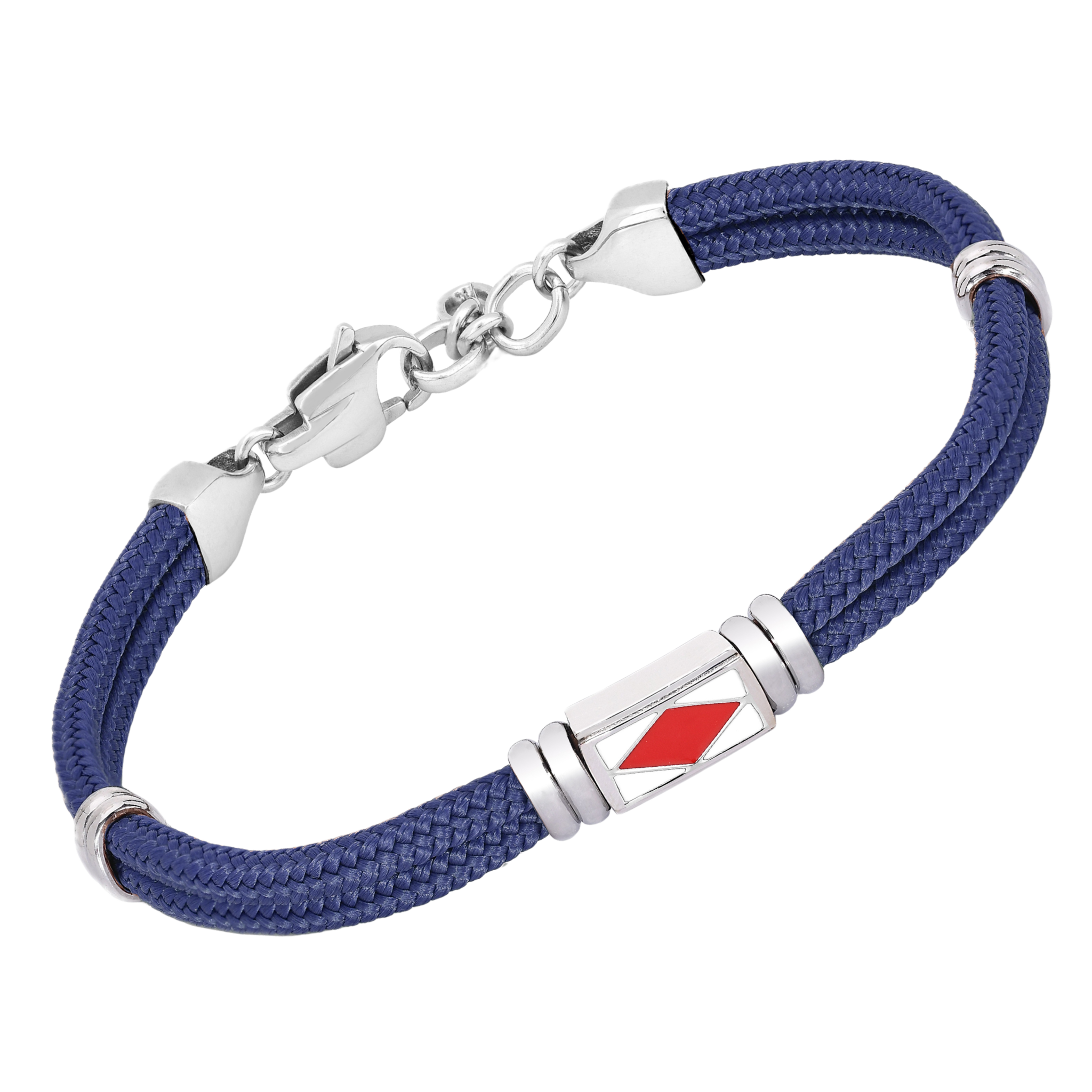 Bracciale in acciaio e corda nautica blu con bandiera smaltata centrale