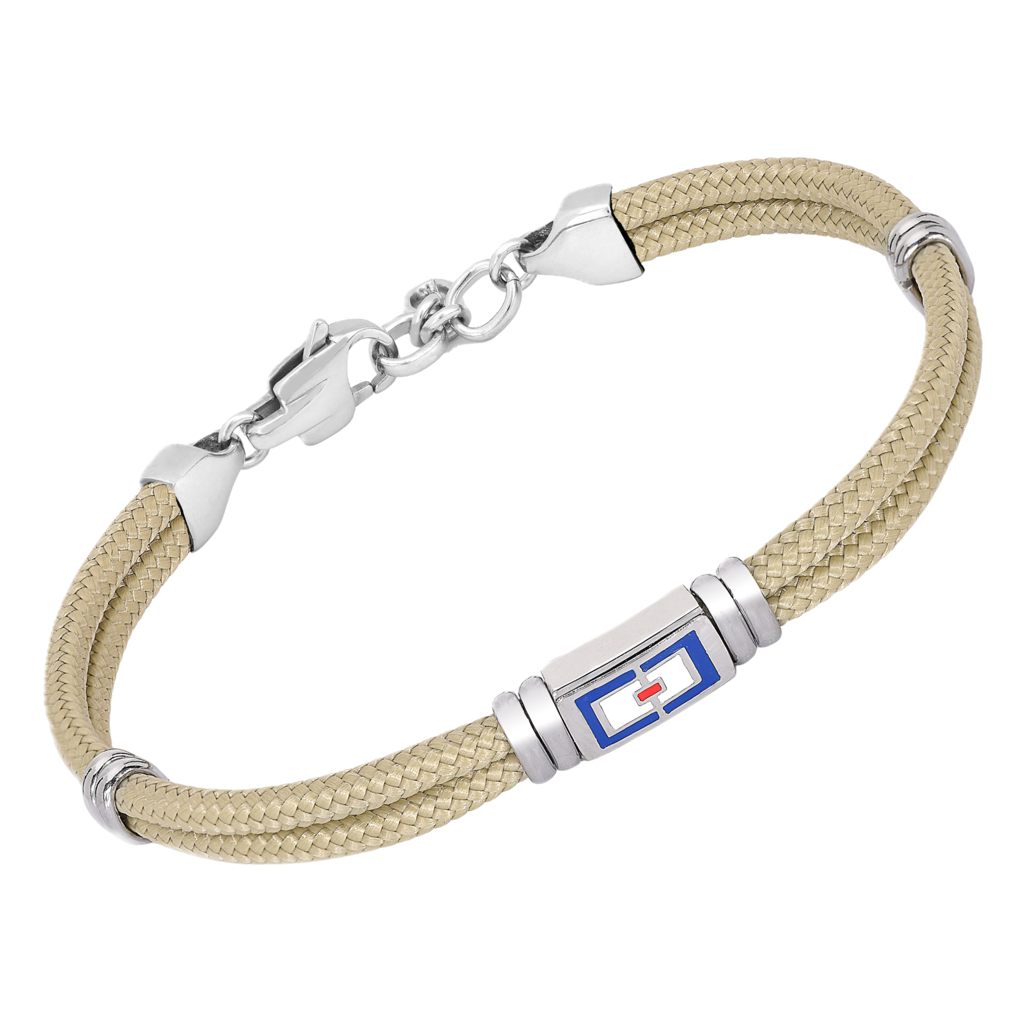 Bracciale in acciaio e corda nautica beige con bandiera smaltata centrale