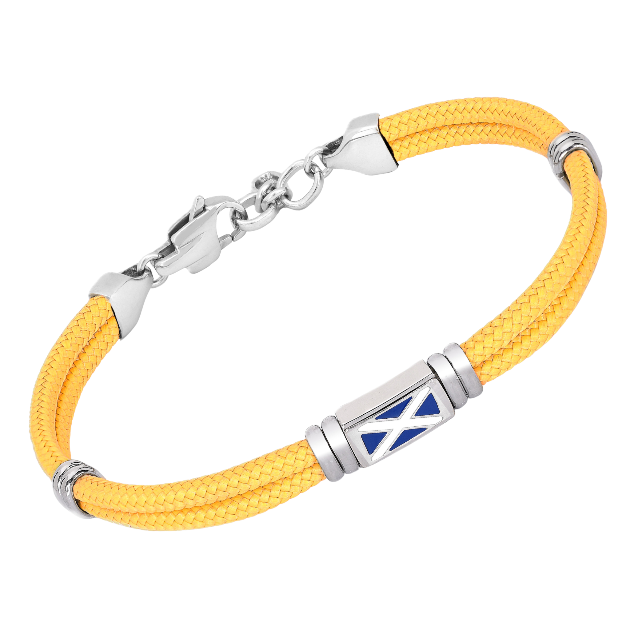 Bracciale in acciaio e corda nautica gialla con bandiera smaltata centrale