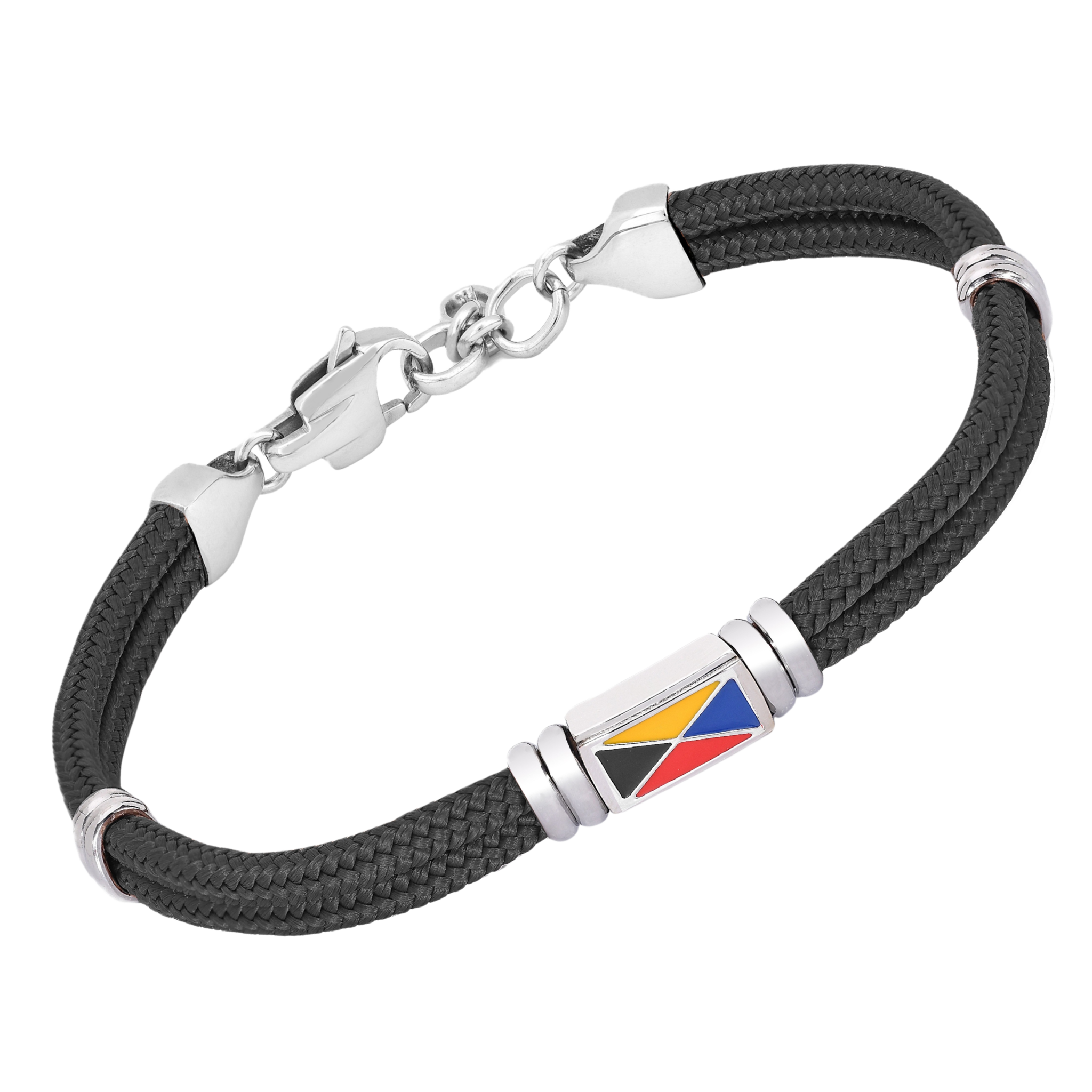 Bracciale in acciaio e corda nautica nera con bandiera smaltata centrale