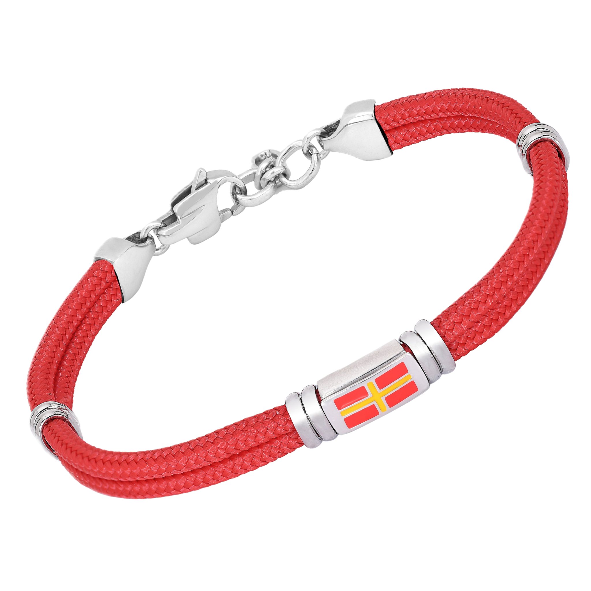 Bracciale in acciaio e corda nautica rossa con bandiera smaltata centrale