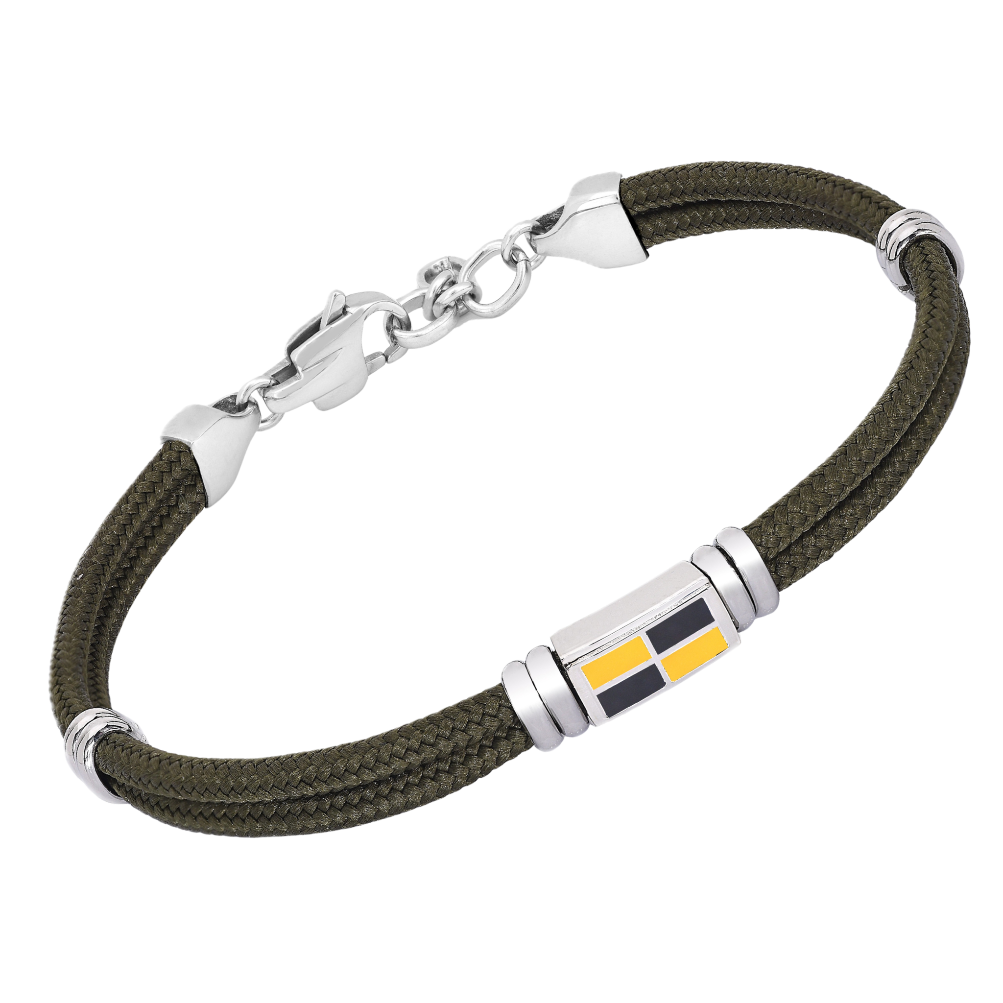 Bracciale in acciaio e corda nautica verde con bandiera smaltata centrale