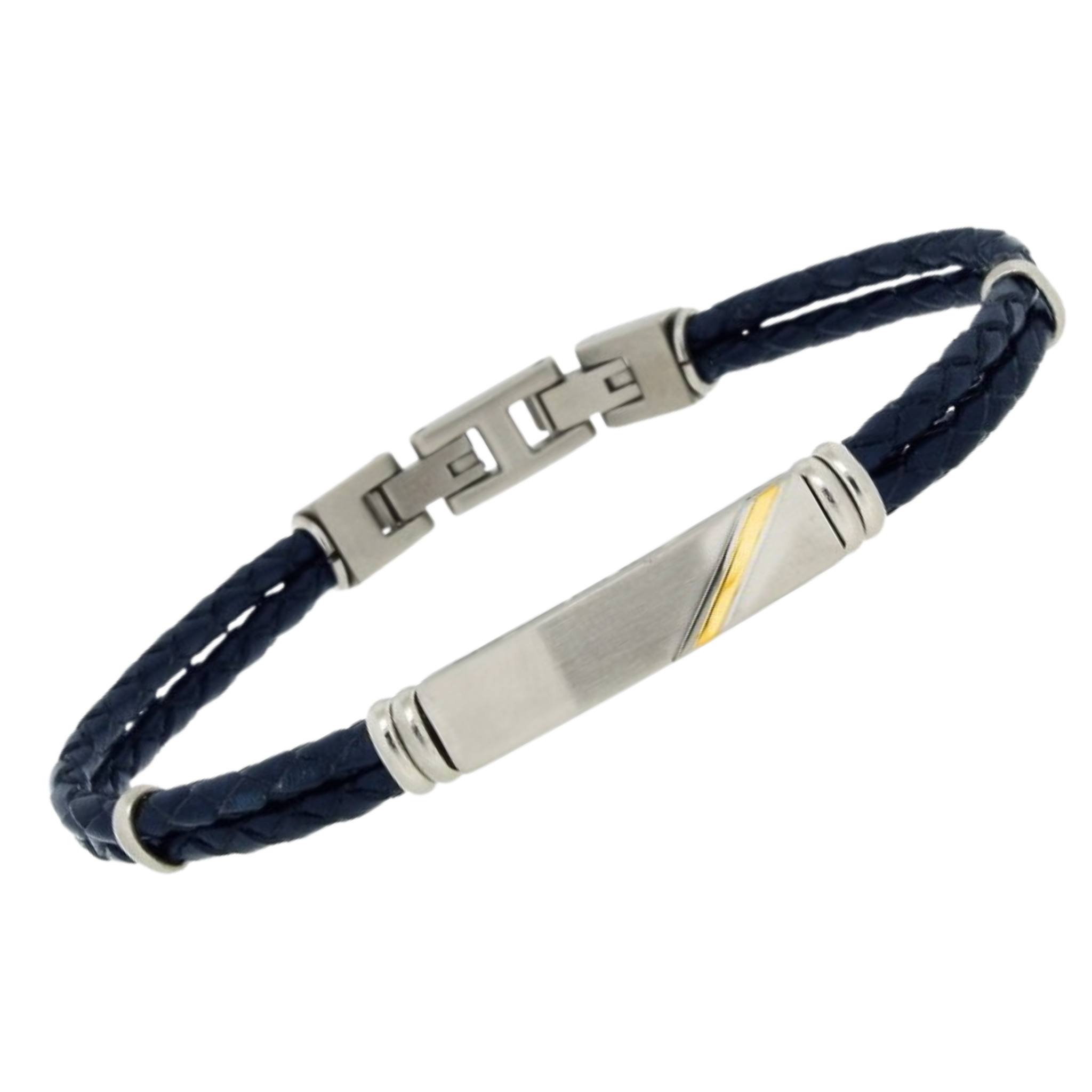 Bracciale in acciaio e cuoio blu con piastra e striscia in oro 18 kt (gr 0.04)