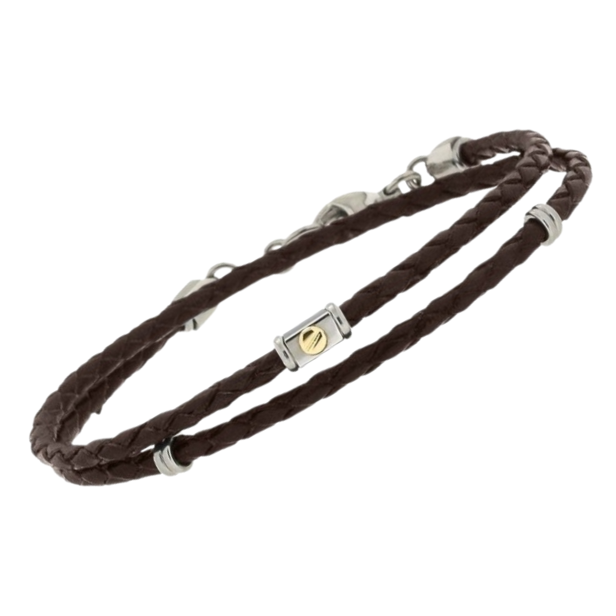 Bracciale in acciaio e cuoio marrone doppio giro con vite in oro 18 kt (gr 0.03)