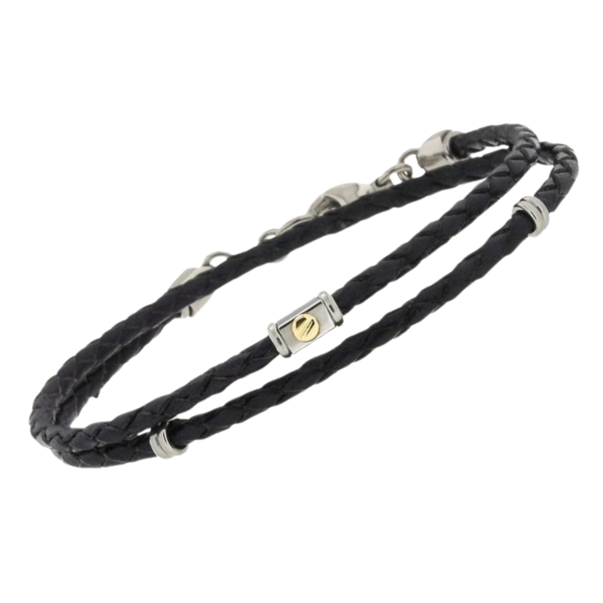 Bracciale in acciaio e cuoio nero doppio giro con vite in oro 18 kt (gr 0.03)