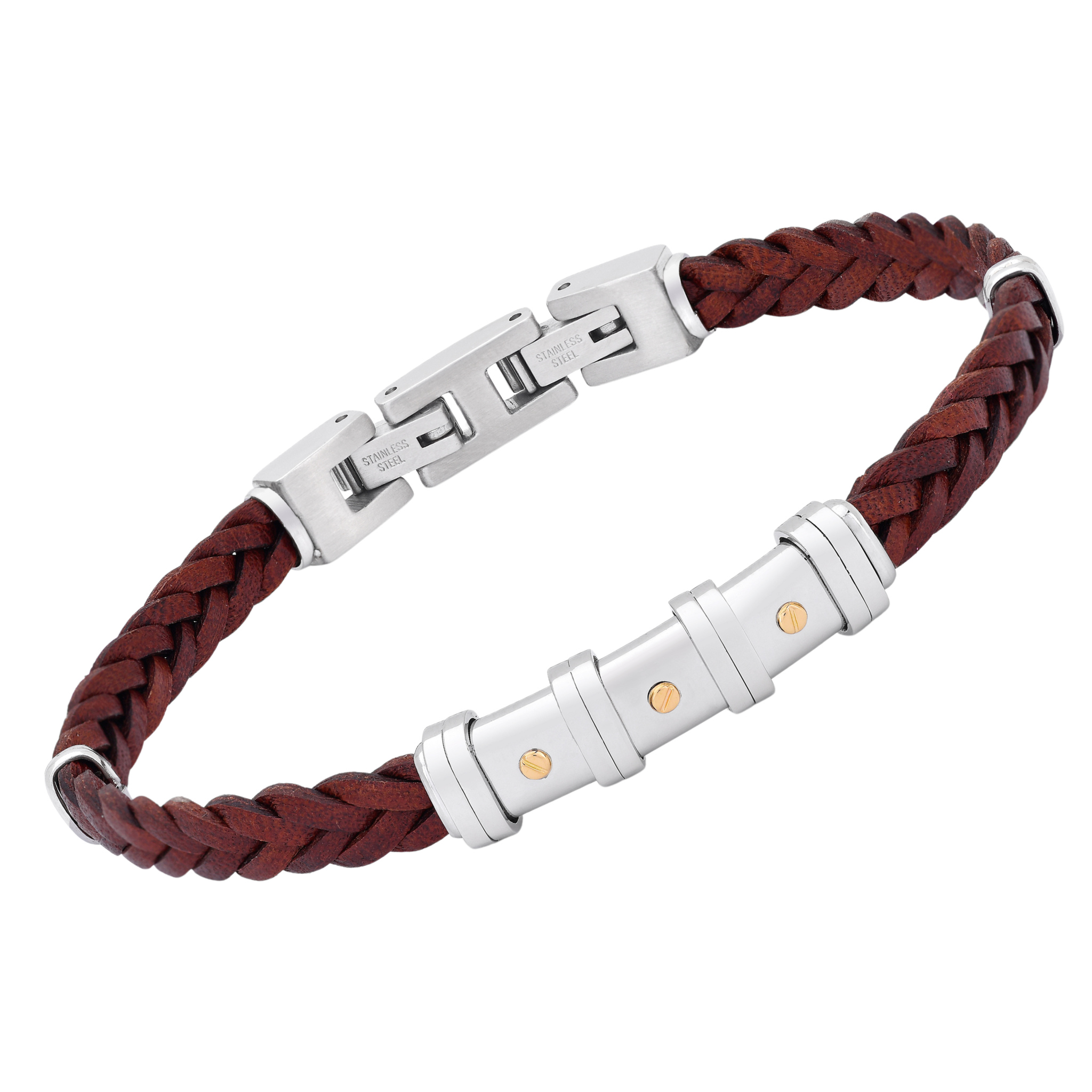 Bracciale in cuoio marrone intrecciato e oro 18 kt (gr 0.06)