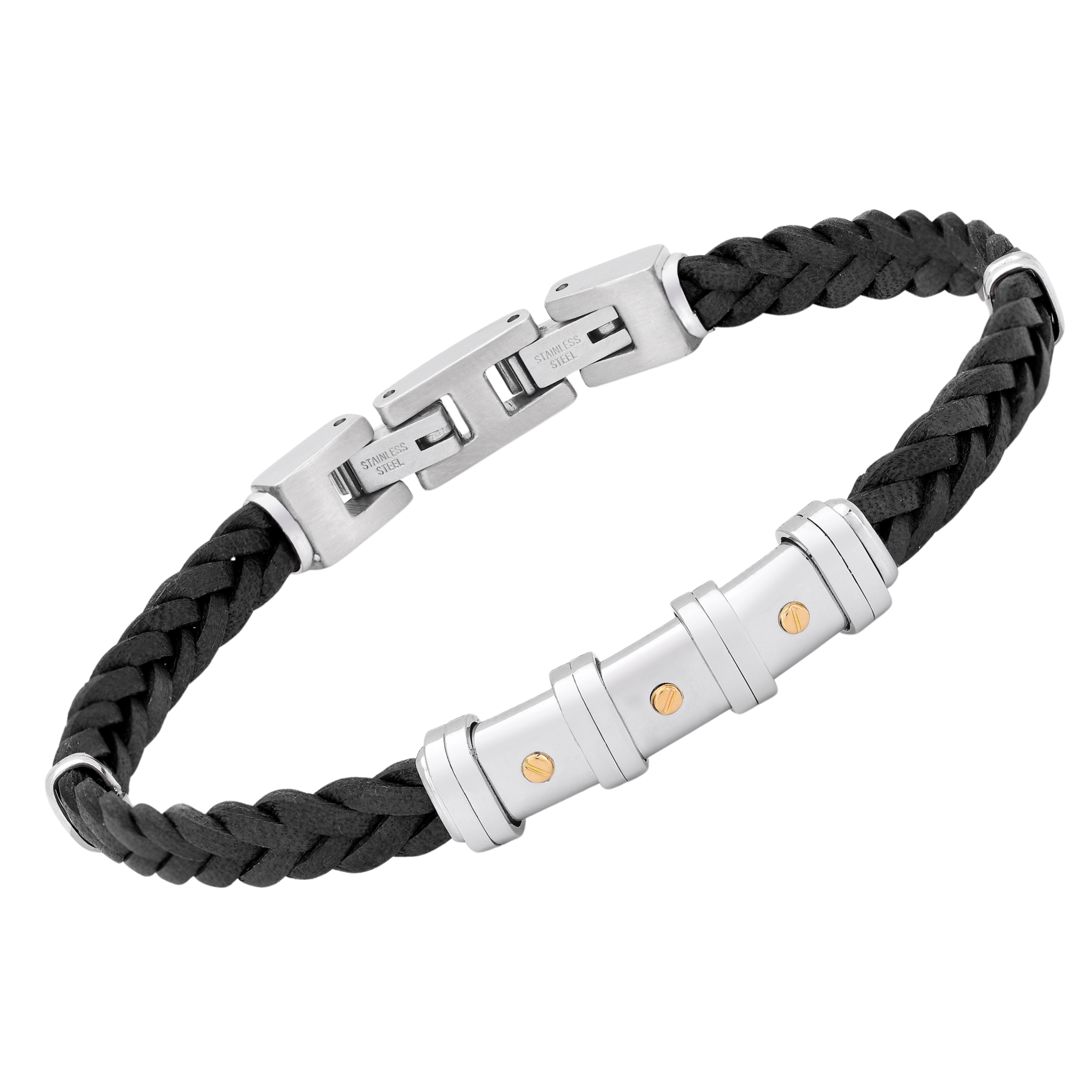 Bracciale in cuoio nero intrecciato e oro 18 kt (gr 0.06)
