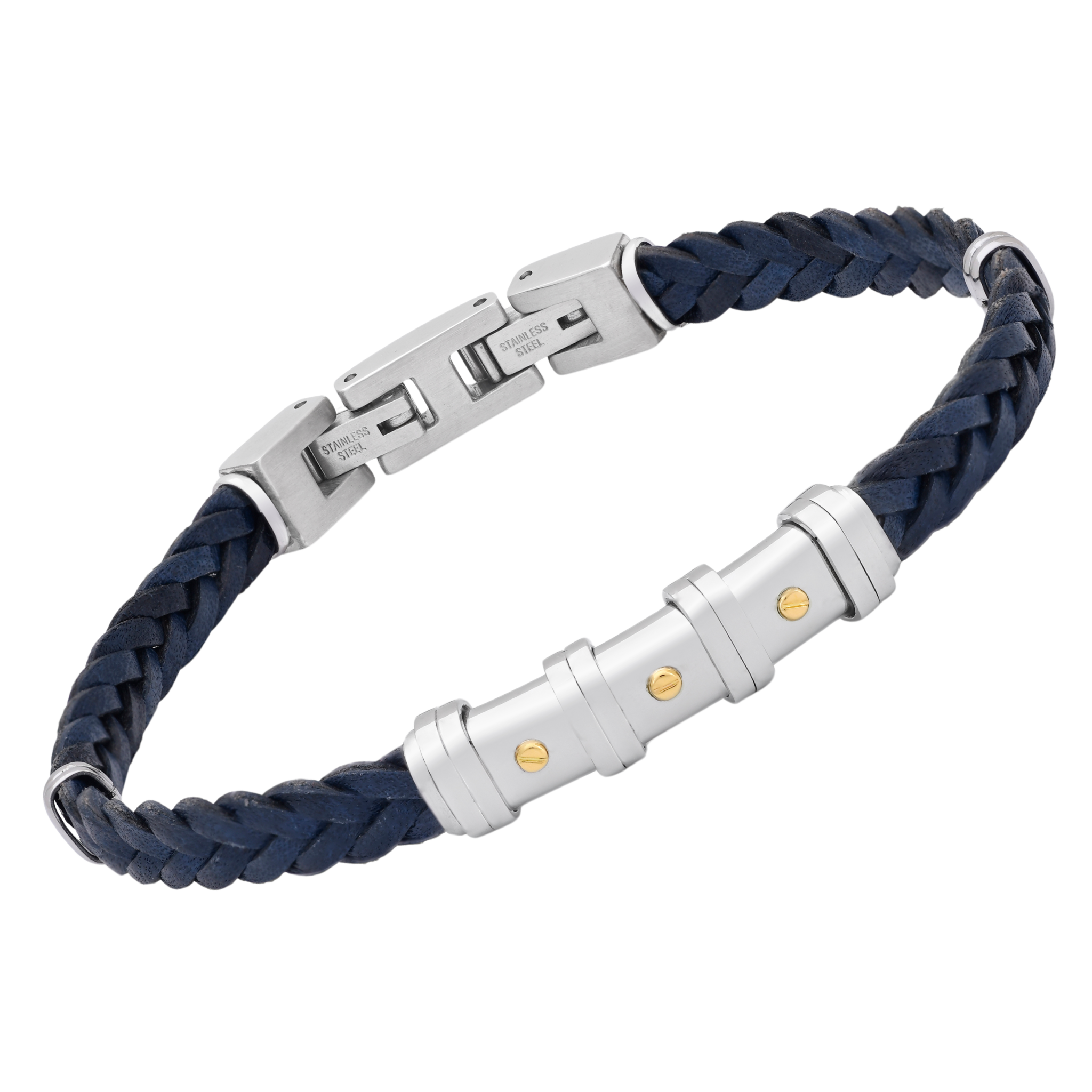 Bracciale in cuoio blu intrecciato e oro 18 kt (gr 0.06)