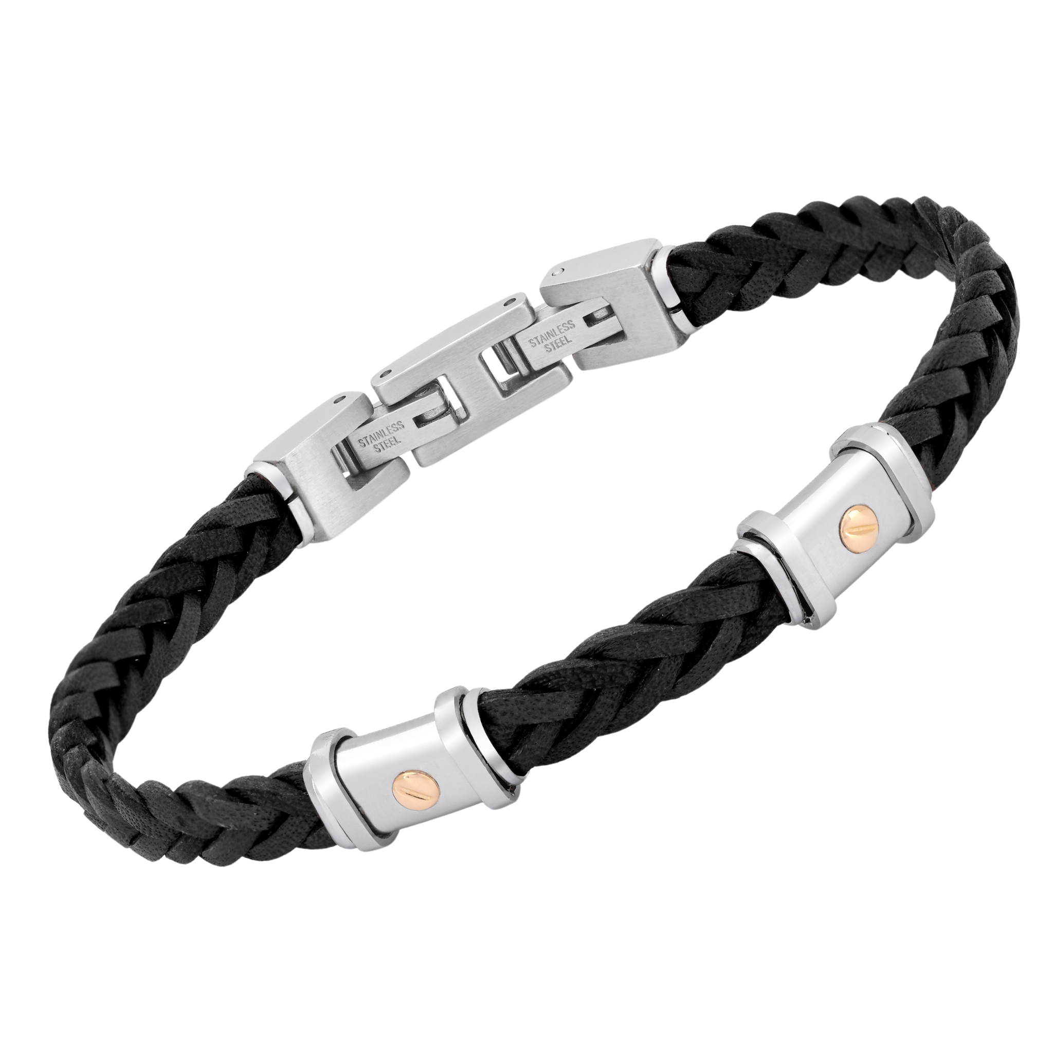 Bracciale in cuoio nero intrecciato e oro 18 kt (gr 0.06)