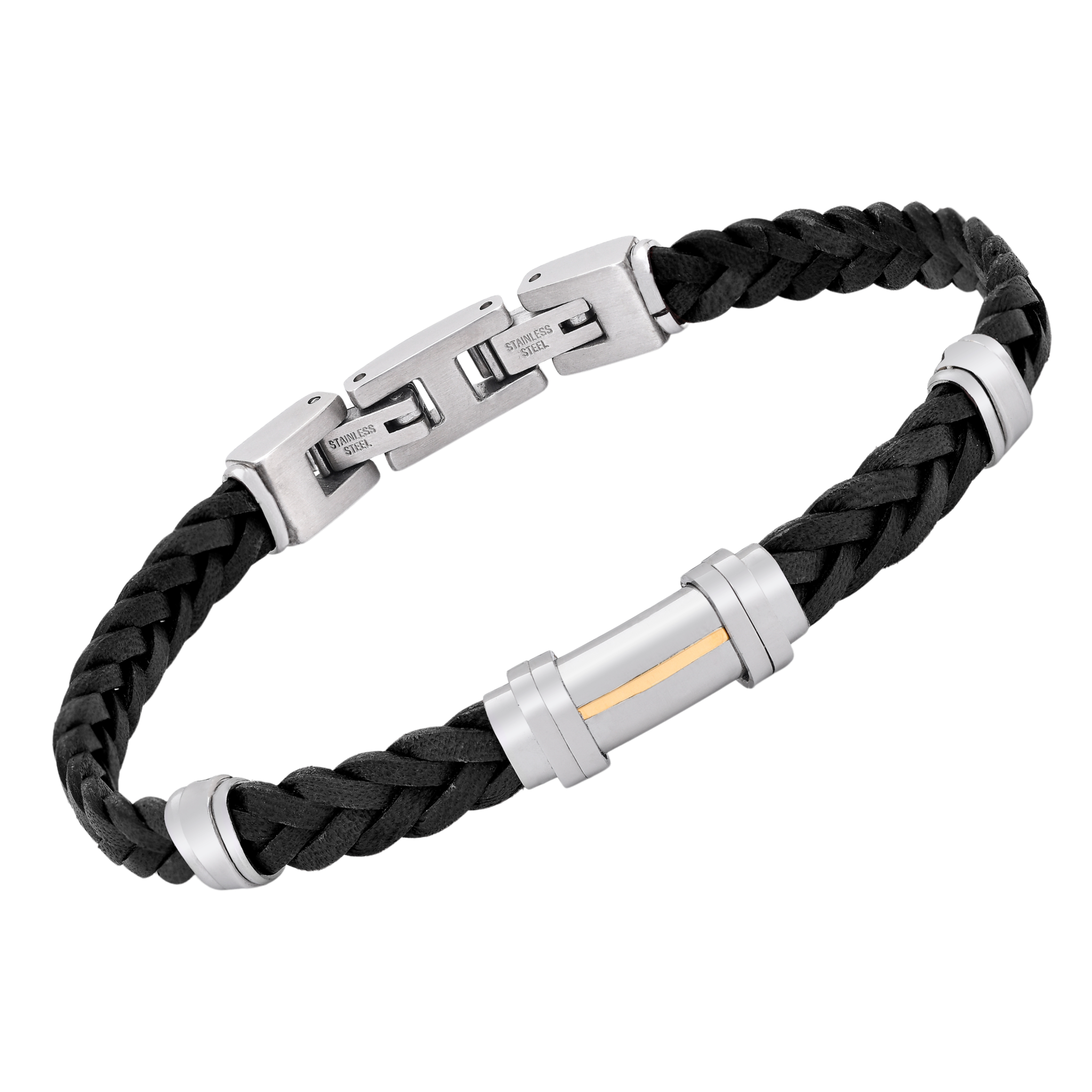 Bracciale in cuoio nero intrecciato e oro 18 kt (gr 0.04)