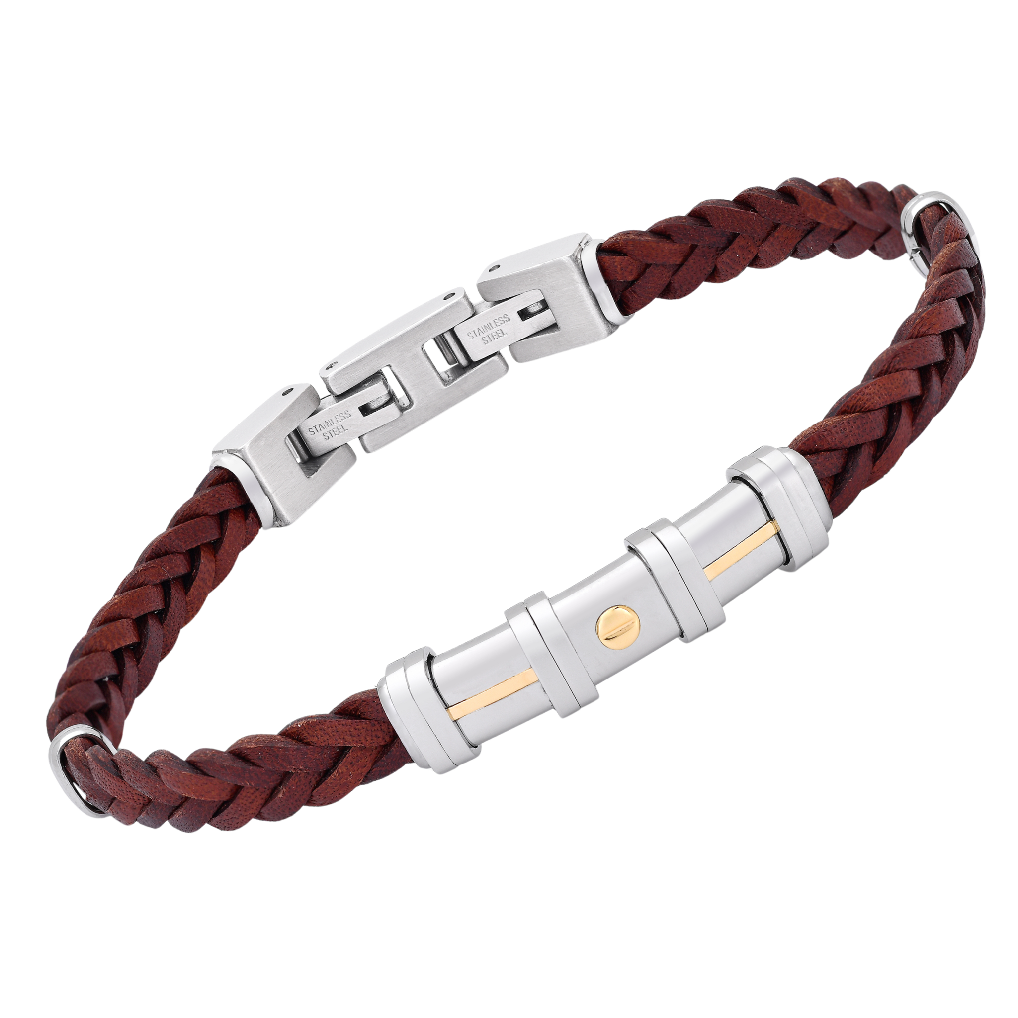 Bracciale in cuoio marrone intrecciato e oro 18 kt (gr 0.09)