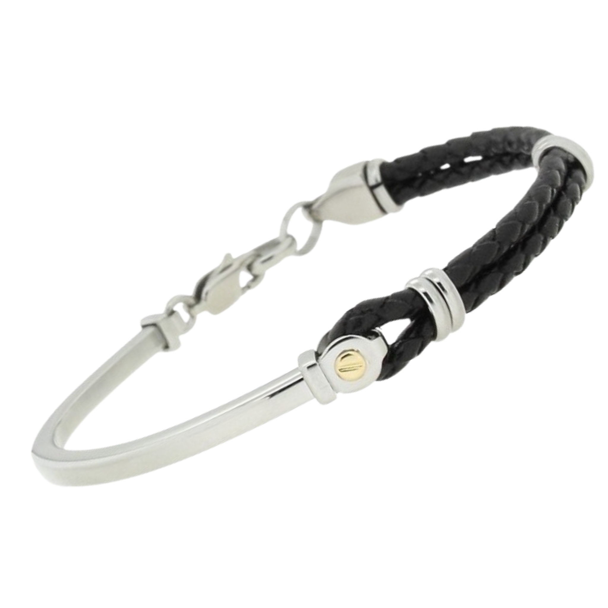 Bracciale in acciaio semirigido e cuoio nero con vite in oro 18 kt (gr 0.03)